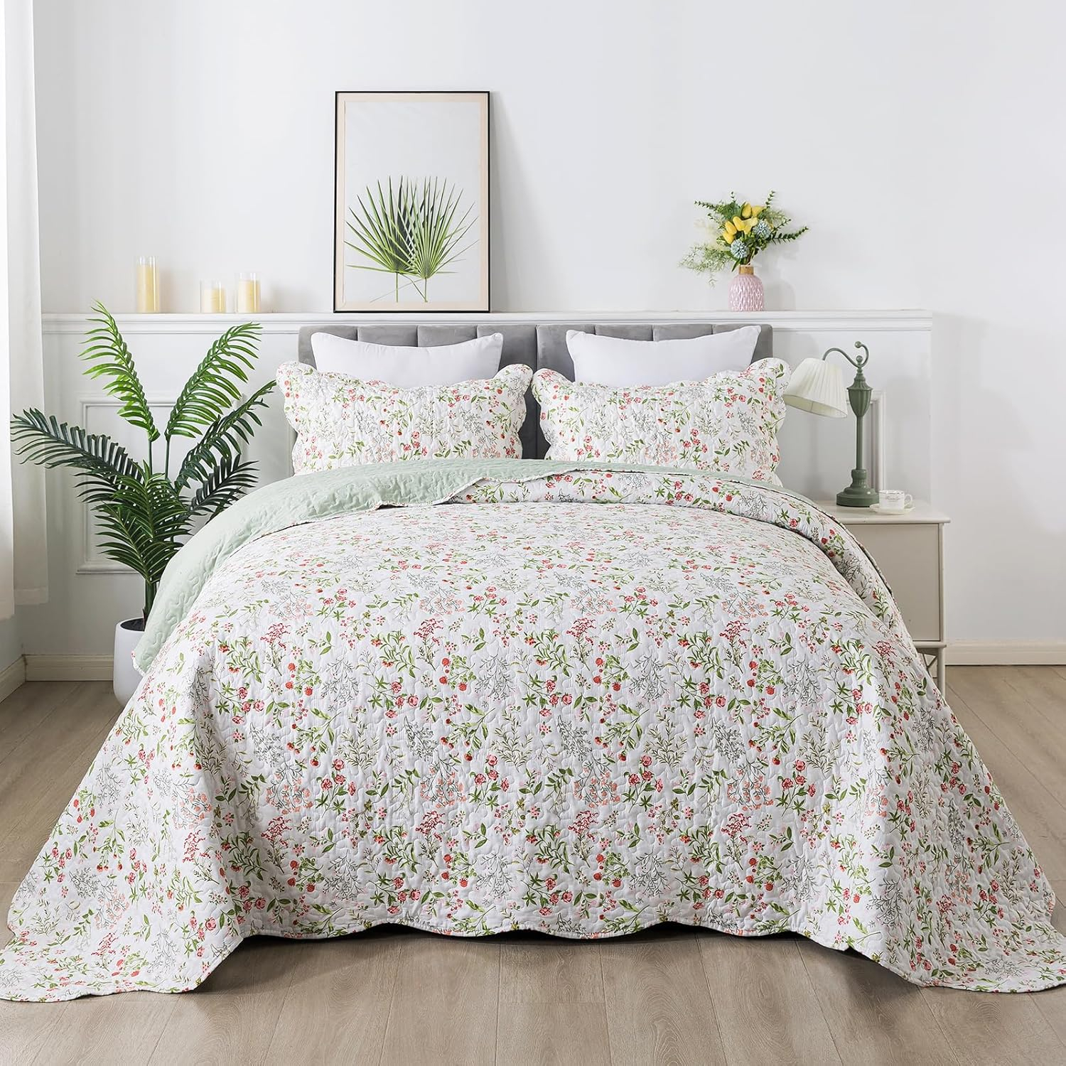 Travan 3-Piece Quilt Set Quilted Bedspread Lightweight Coverlet Set Garden Style Floral Printed Oversized Quilted Bedding Set with Shams for All Season, Flower Sea, Queen Size