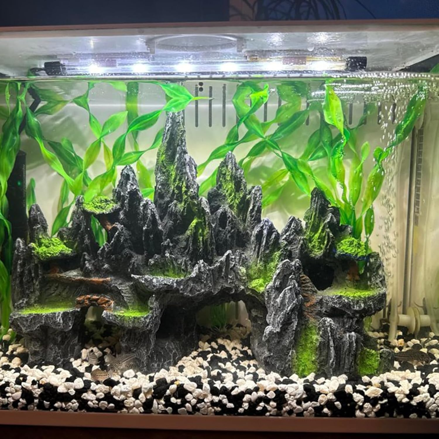 PakyKai Large Fish Tank Decorations, Mountain View Aquarium Ornament with Tree House Cave Bridge Artificial Plastic Plants Aquarium Decorations