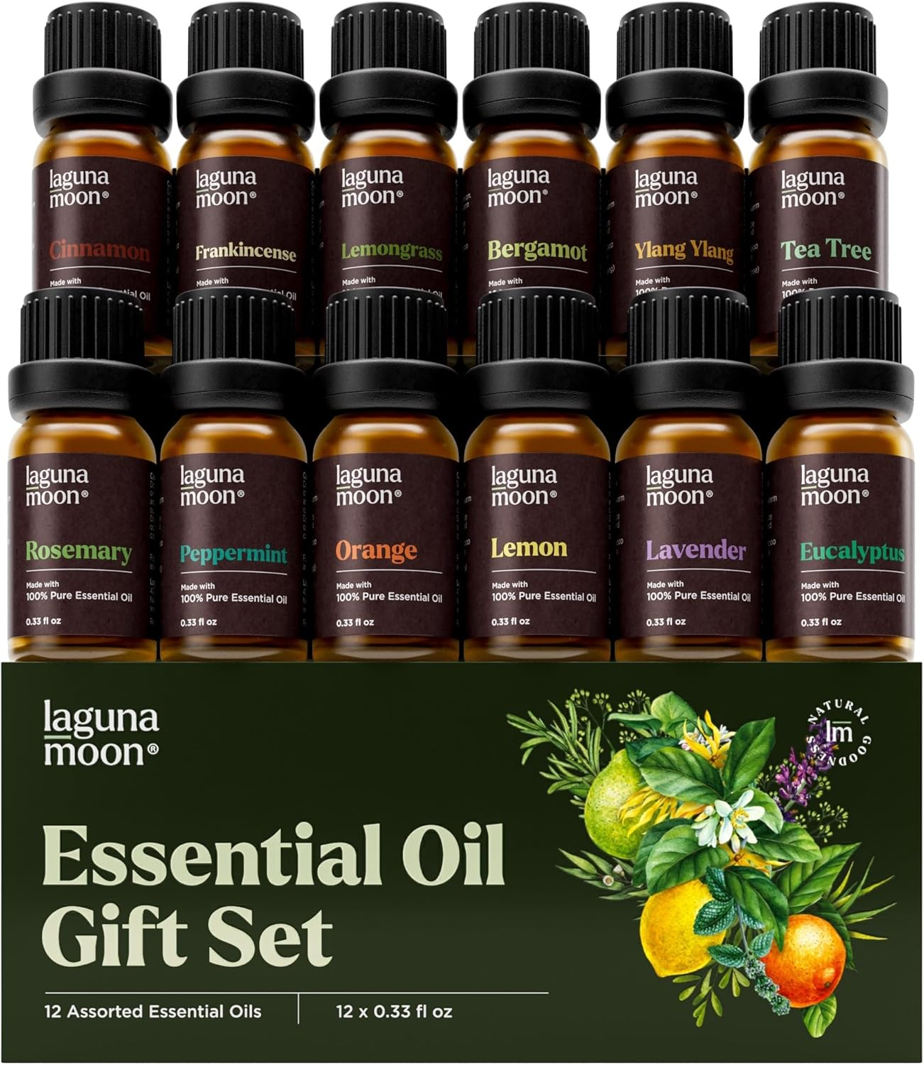 Lagunamoon 10-Pack Organic Essential Oils Set, 10mL, Top 10 Scents for Aromatherapy, Massage, Candle Making, Soap Scents, Office, Skin & Hair Care