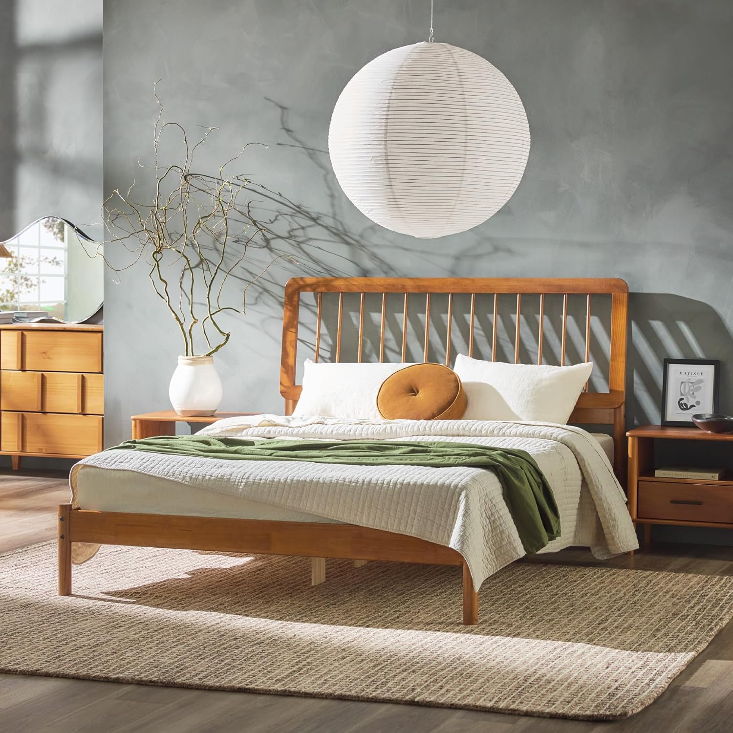 Walker Edison Mid-Century Modern Slatted Solid Wood Queen Bedframe, Caramel