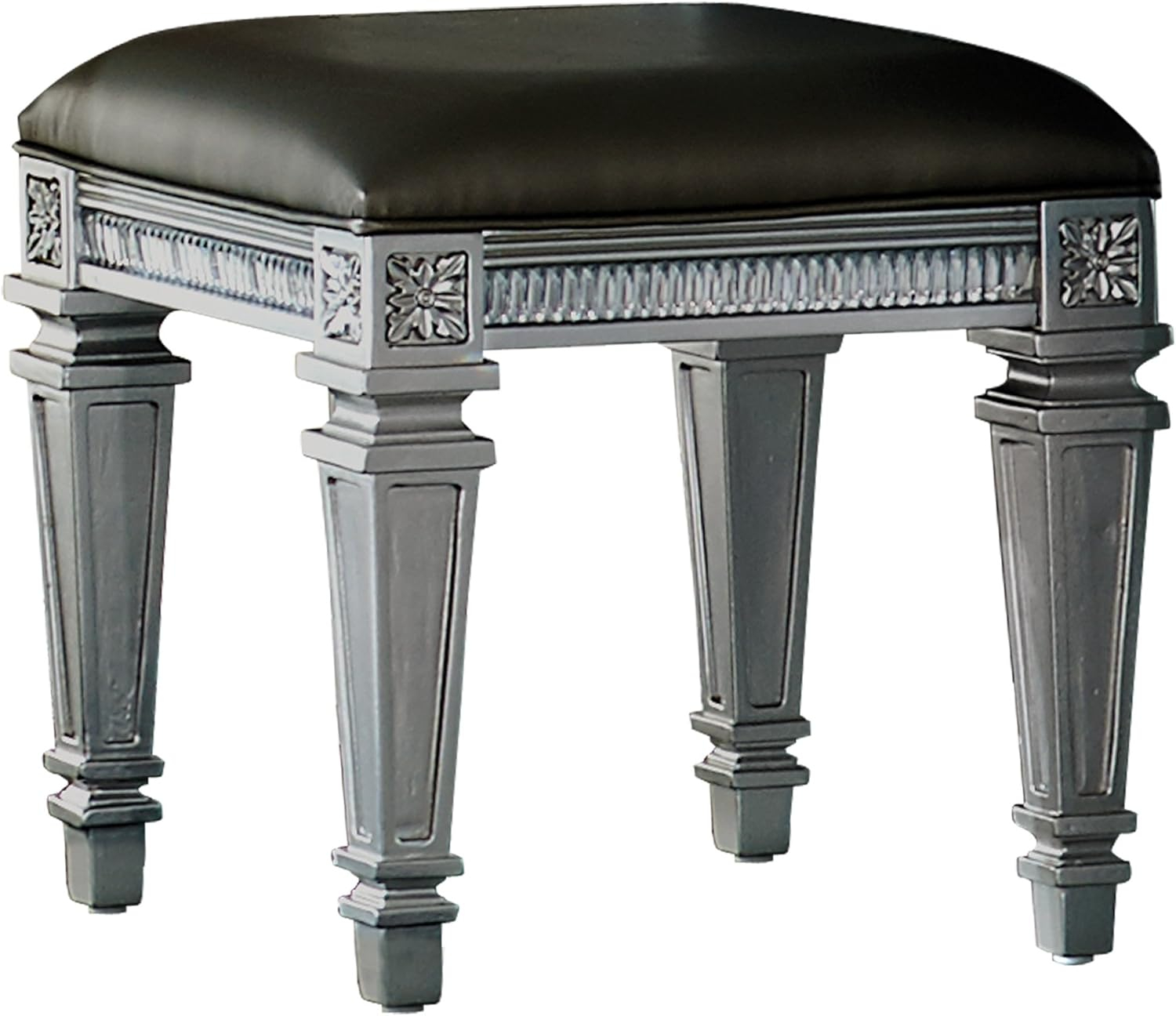 Bevelle Glam Silver Vanity Stool with Acrylic Crystal Accents