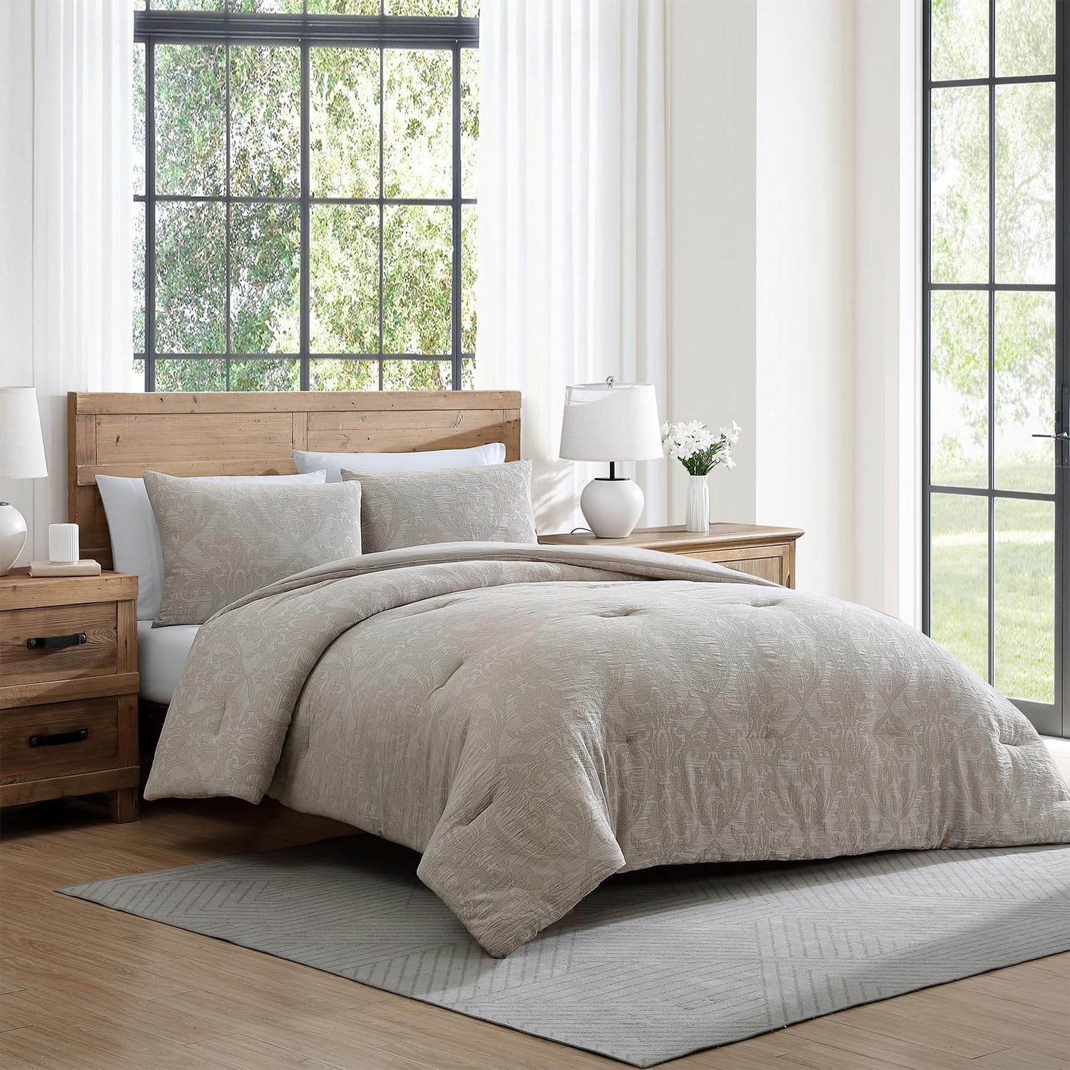Full/Queen Taupe Cotton Jacquard Damask Comforter Set