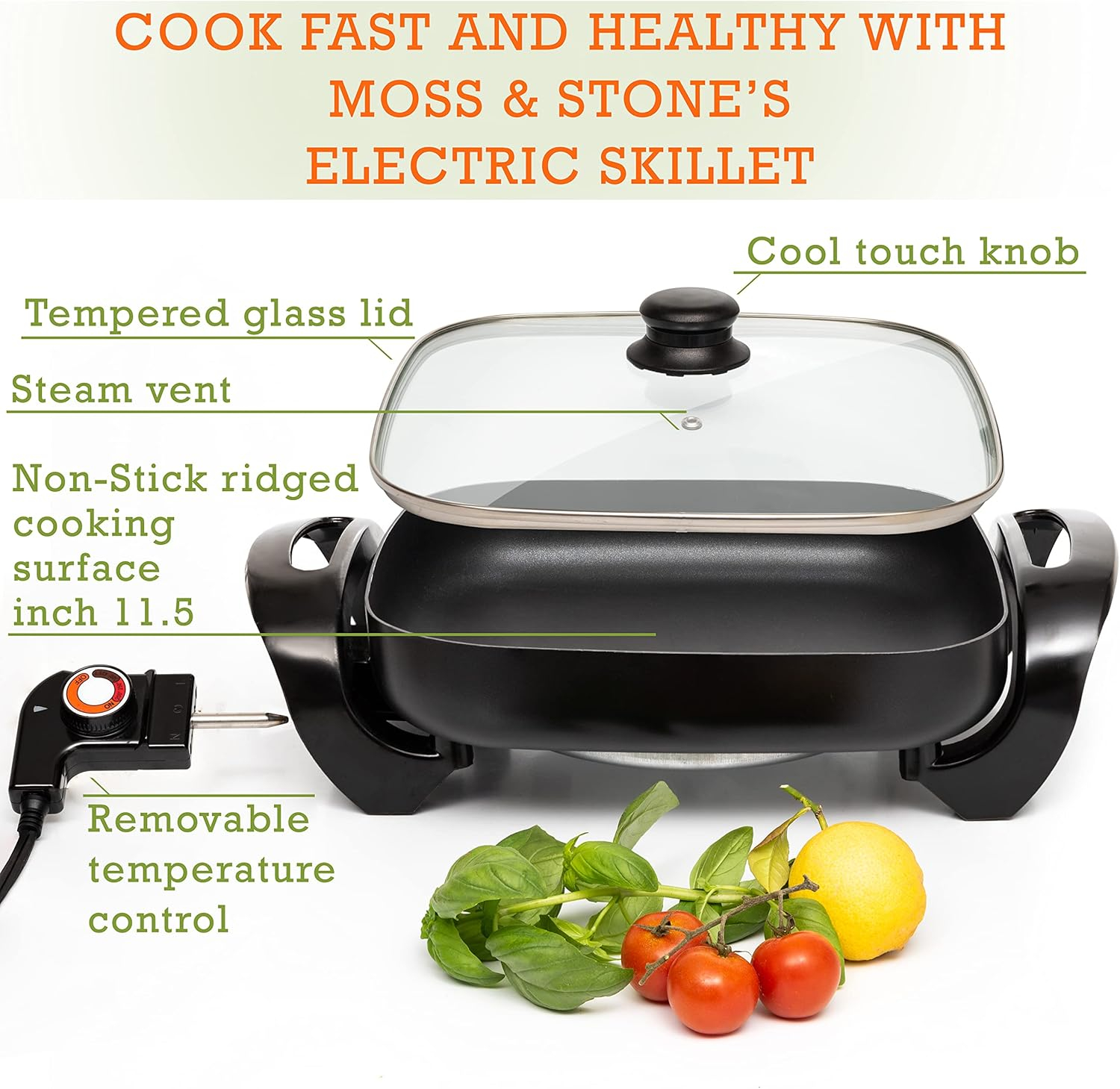 Moss & Stone Round Nonstick Electric Skillet With Lid, Aluminum 12 Inch Electric Frying Pan, 2 Layers Of Non-Stick Coating, Adjustable Temperature Control, Lid With Steam Vent, Electric Deep Skillet