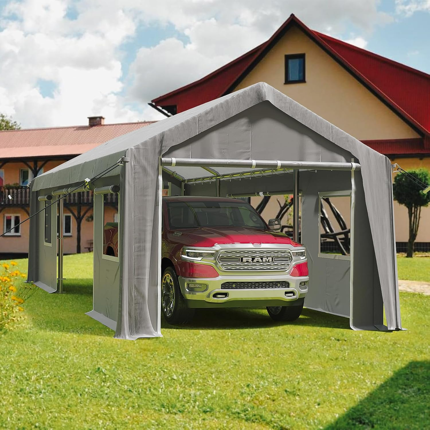 Carport 10'x20' Heavy Duty Carport Canopy Portable Garage 4 Roll-Up Doors & 4 Windows Waterproof All-Season Outdoor Storage Shed for Car Truck Boat, Gray