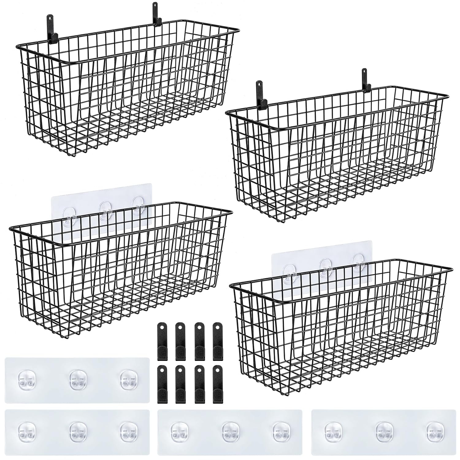[2 Wall Mounting Options], 4 Set EXTRA LARGE Hanging Wall Mount Basket for Storage with Adhesive Hooks & Steel Hooks, Sturdy Wire Metal Baskets, Home Kitchen Bathroom Pantry Organizer, Industrial Gray