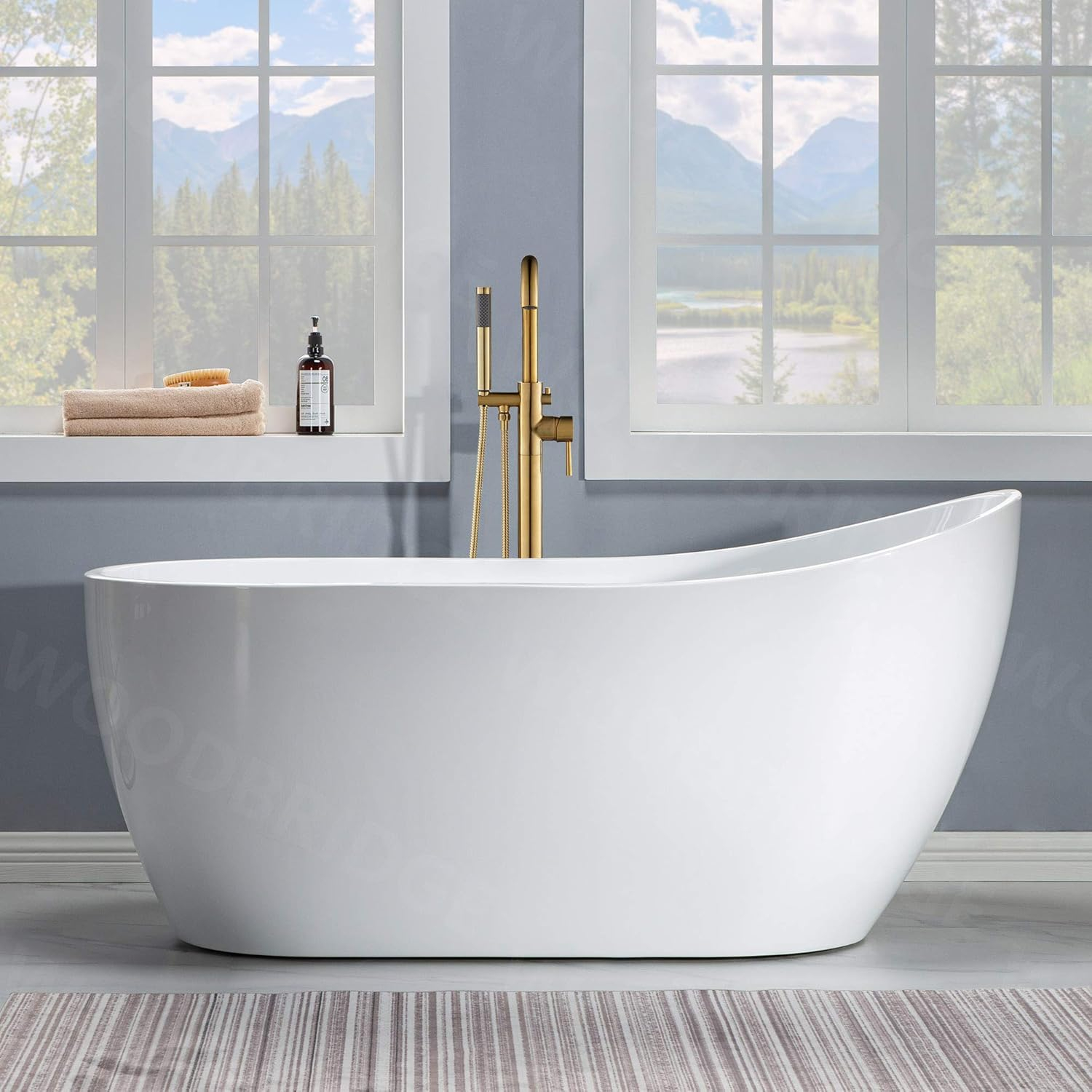 WOODBRIDGE 59" Acrylic Freestanding Bathtub Contemporary Soaking White Tub with Brushed Gold Overflow and Drain， B1530 -BG-Drain &O