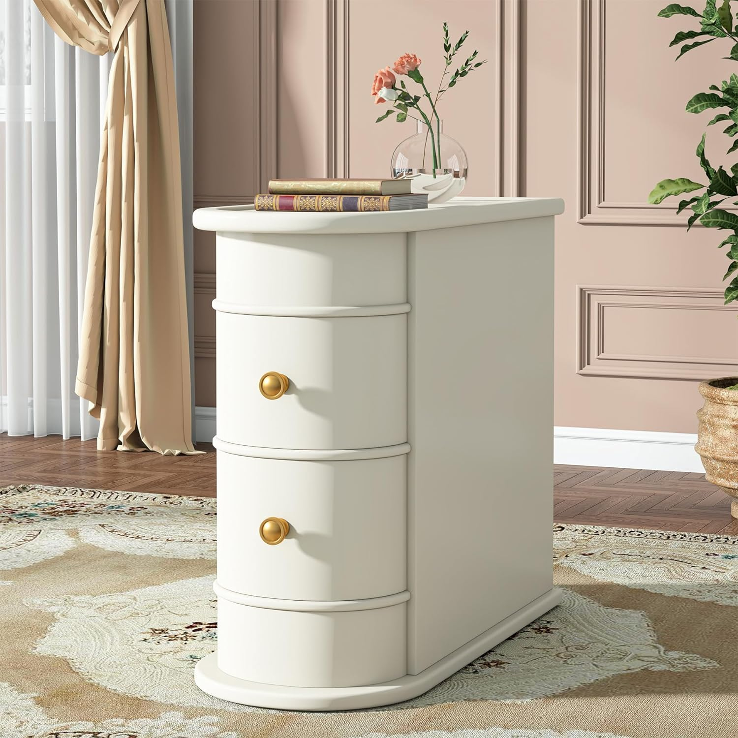 Wood End Table with 2 Drawers and Shelves  No Assembly Required Narrow Sofa Side Table for Living Room  Vintage Slim Nightstand Bedside Table for Bedroom  Finished Back (1  Creamy White)