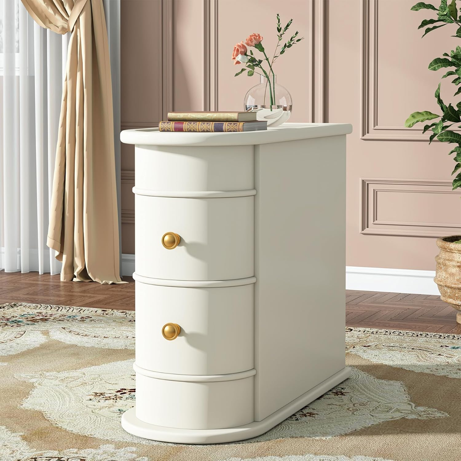 Wood End Table with 2 Drawers and Shelves  No Assembly Required Narrow Sofa Side Table for Living Room  Vintage Slim Nightstand Bedside Table for Bedroom  Finished Back (1  Creamy White)