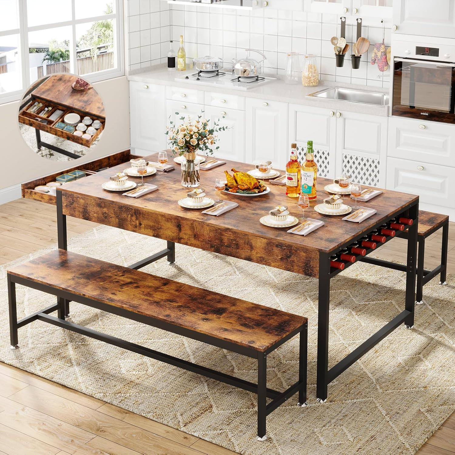 Zubie 63"Dining Table Set for 4-6, 3-Piece Kitchen Table with 2 Utensil Drawers,2 Benches&Wine Rack