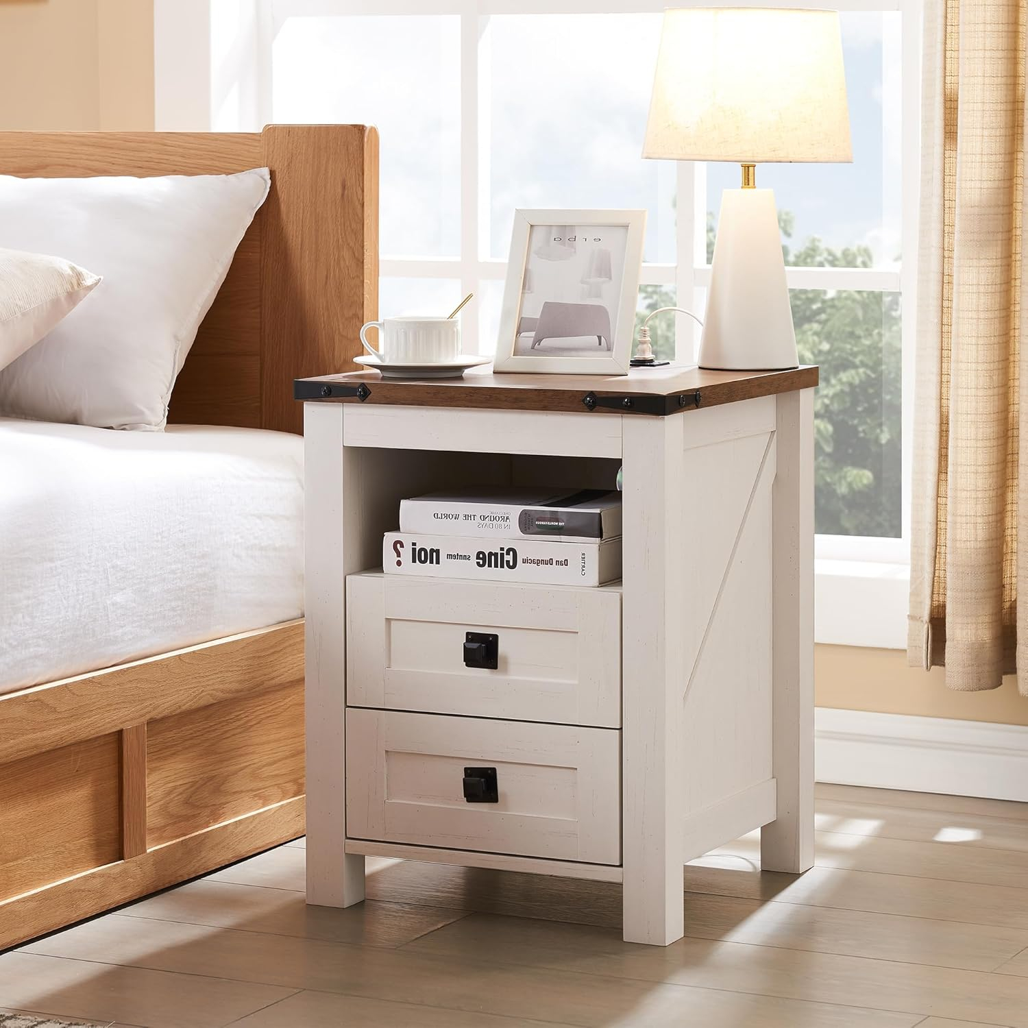 Antique White Rustic Wood Nightstand with Charging Station and 2 Drawers