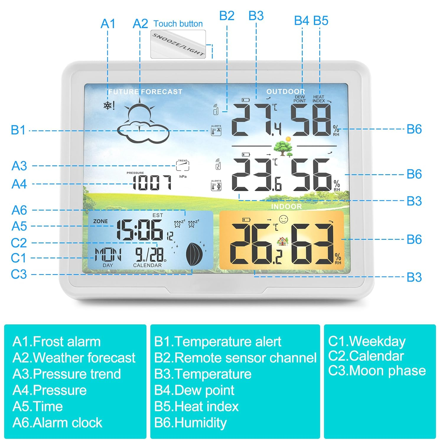 Wireless Indoor Outdoor Thermometer: Home Weather Station, Portable Digital Weather Clock Atomic with Bluetooth Color Forecast, Multiple Sensors Weather Monitor and Alarm (1 Remote)