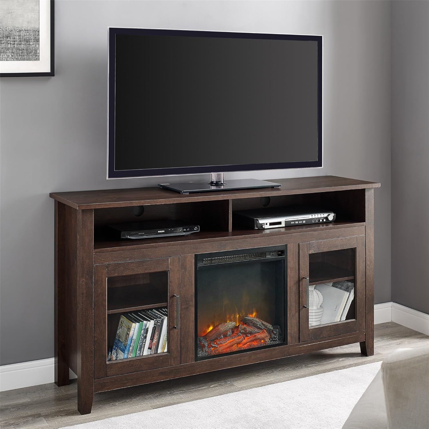 Walker Edison Glenwood Rustic Farmhouse Glass Door Highboy Fireplace TV Stand for TVs up to 65 Inches, 58 Inch, Brown
