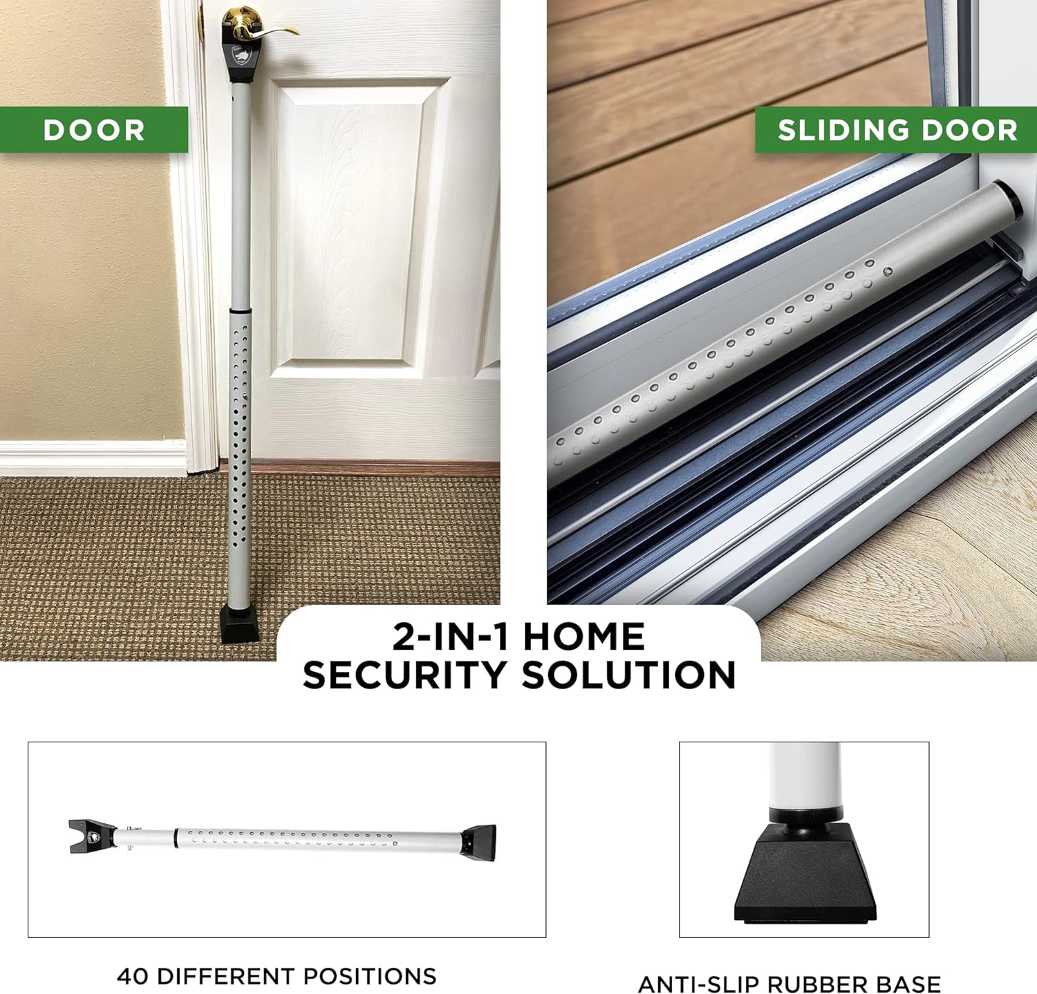 Adjustable White Steel Door Security Bar with Rubber Grip