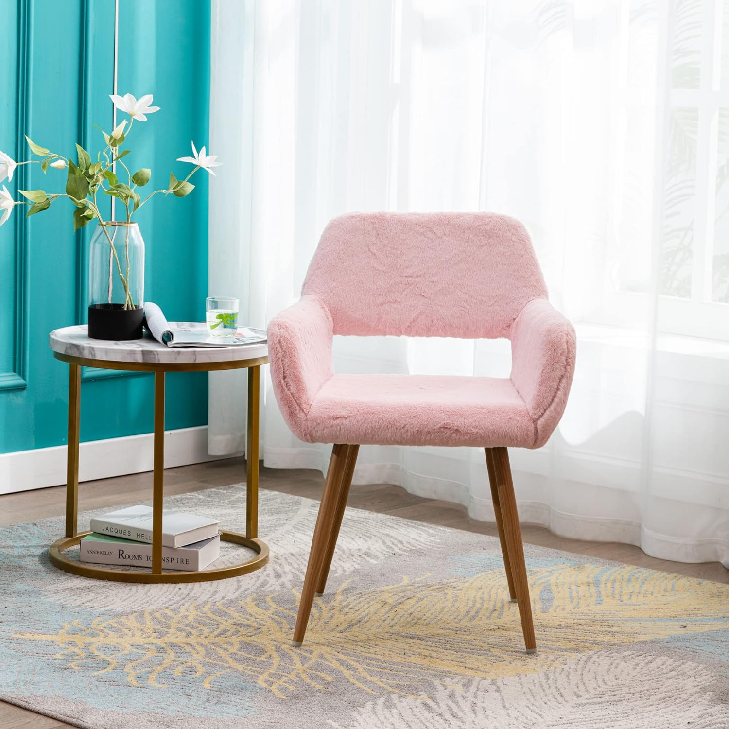 KCC Furry Desk Chair, Mid-Century Modern Accent Faux Fur Chair for Teen Girls, Comfy Armchair with Wood Look Metal Legs for Living Dining Room, Home Vanity Makeup Office Desk Chairs No Wheel, Pink