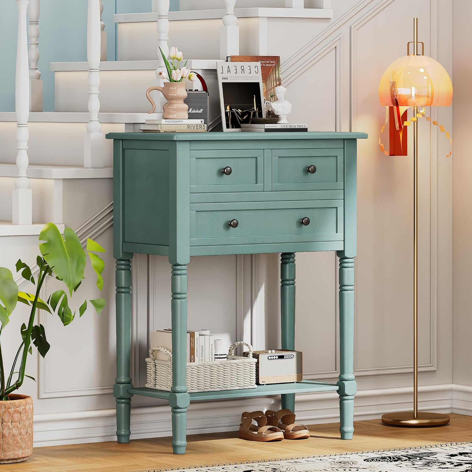 Churanty Narrow Console Table with Storage Drawers and Bottom Shelf for Entryway Living Room, Retro Console Table for Small Space, Light Blue