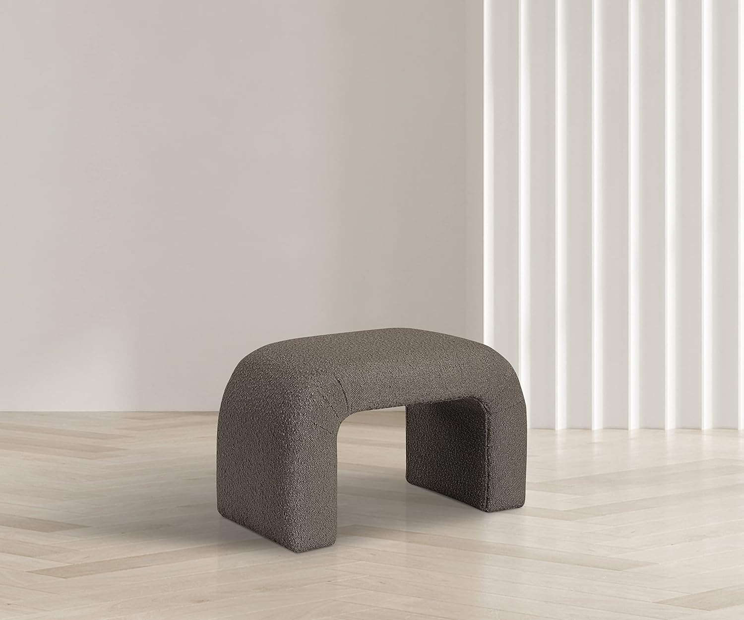 Meridian Furniture 169Brown Niagara Collection Modern | Contemporary Boucle Fabric Upholstered Bench with Rich Brown Boucle Fabric, Curved Contemporary Design, 28" W x 15.5" D x 17.5" H, Brown
