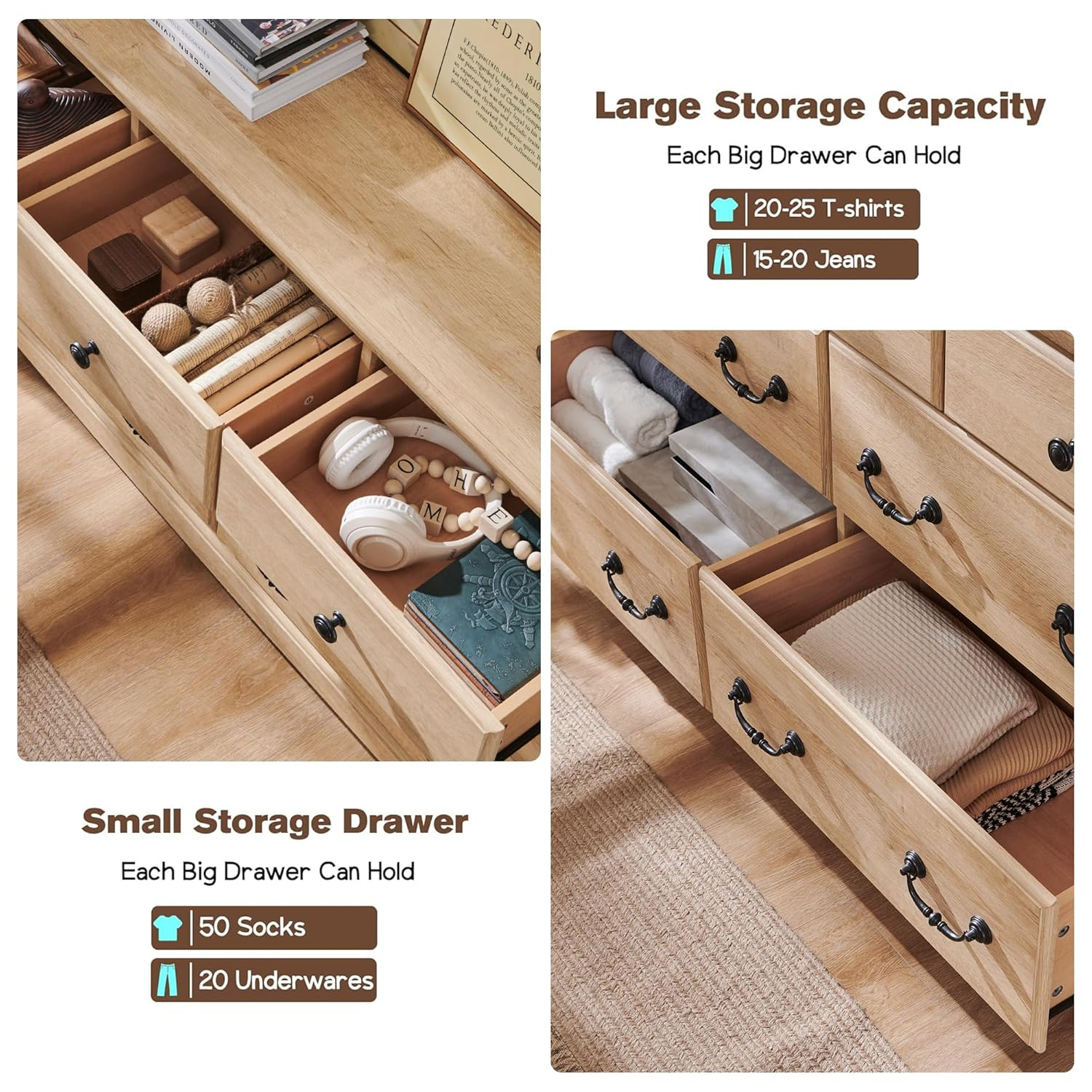 T4TREAM 7 Drawers Dresser Chests for Bedroom, Wood Vintage Chests of Drawers, Rustic Dressers Chset Organizer for Bedroom, Living Room, Hallway, Natural Oak