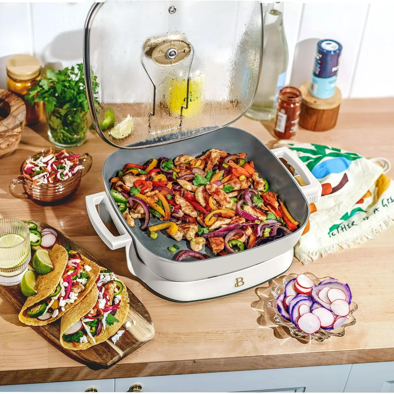 Beautiful 5 in 1 Electric Skillet - Expandable up to 7 Qt with Glass Lid, White Icing by Drew Barrymore