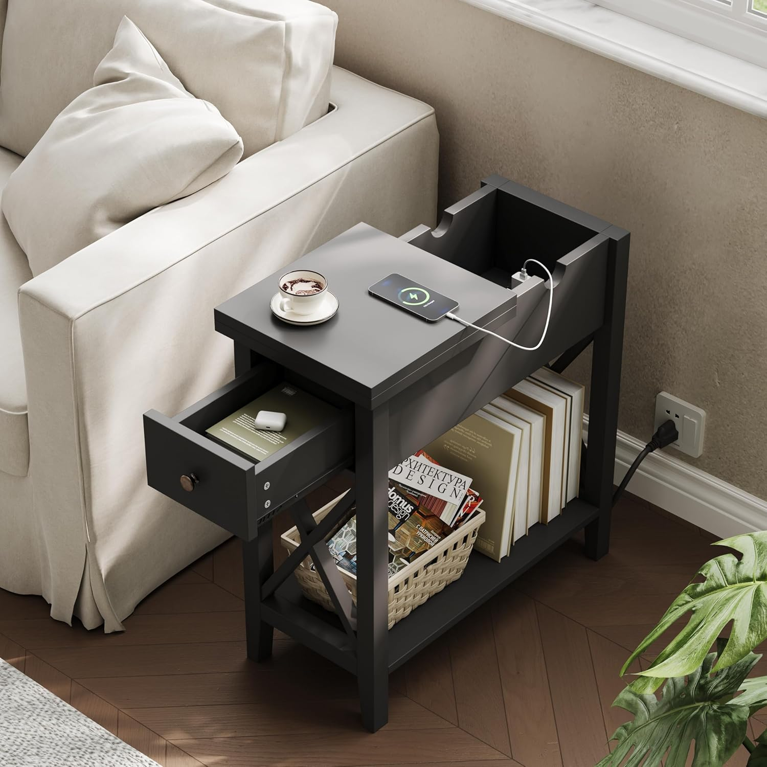 ChooChoo End Table with Charging Station, Narrow Side Table with USB Ports and Outlets, Nightstand with Drawer, for Small Spaces, Bedside Tables for Living Room Black