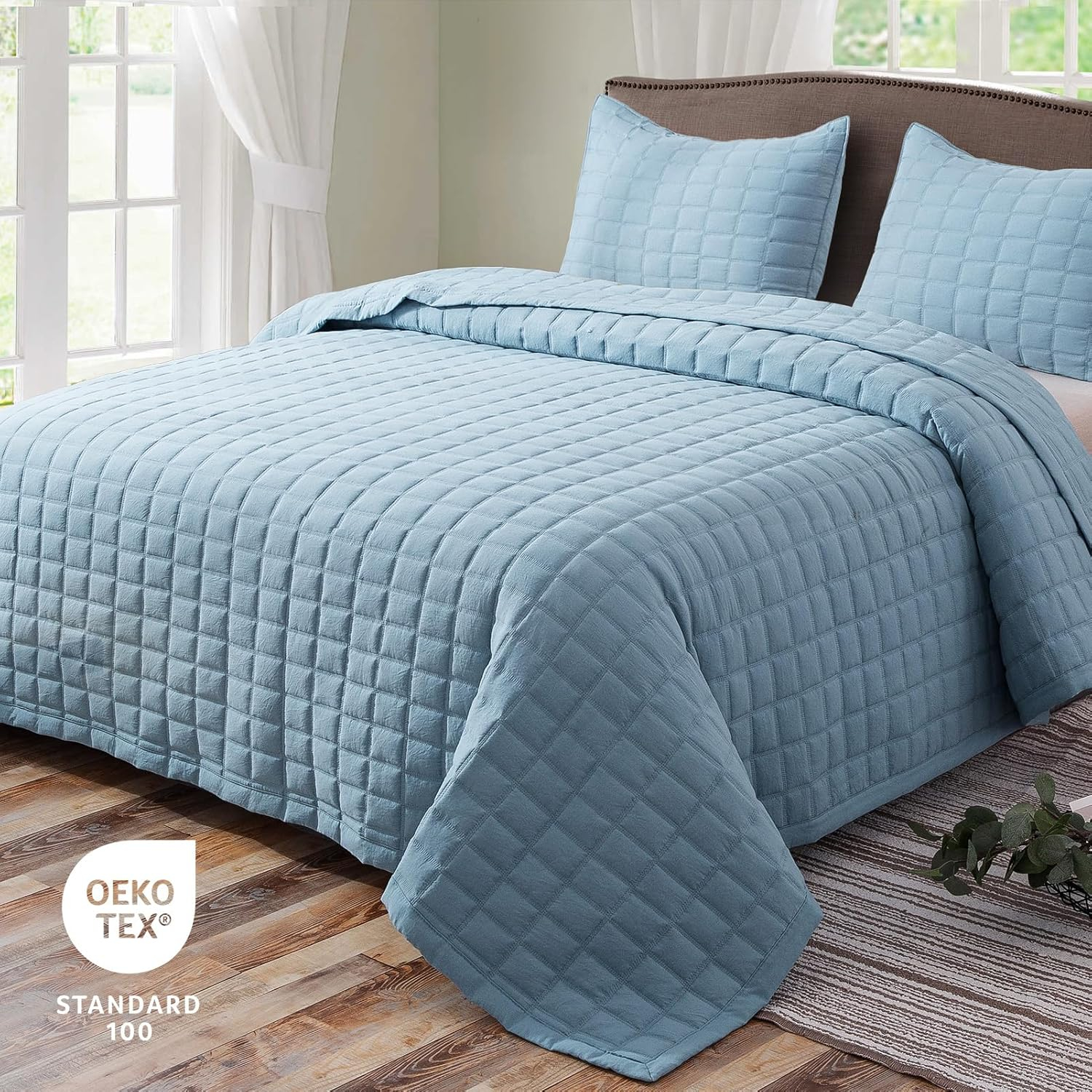 Twin Light Sky Blue Microfiber Reversible Quilt Set