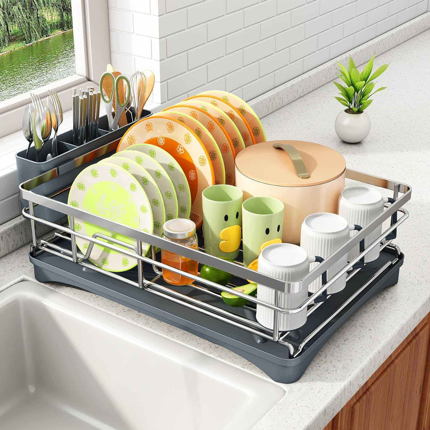 Dish Drying Rack - Stainless Steel Dish Rack for Kitchen Counter, Large-Capacity Dish Drainer with Cutlery Holder, Kitchen Organizer for Dishes, Spoons and Forks, Black