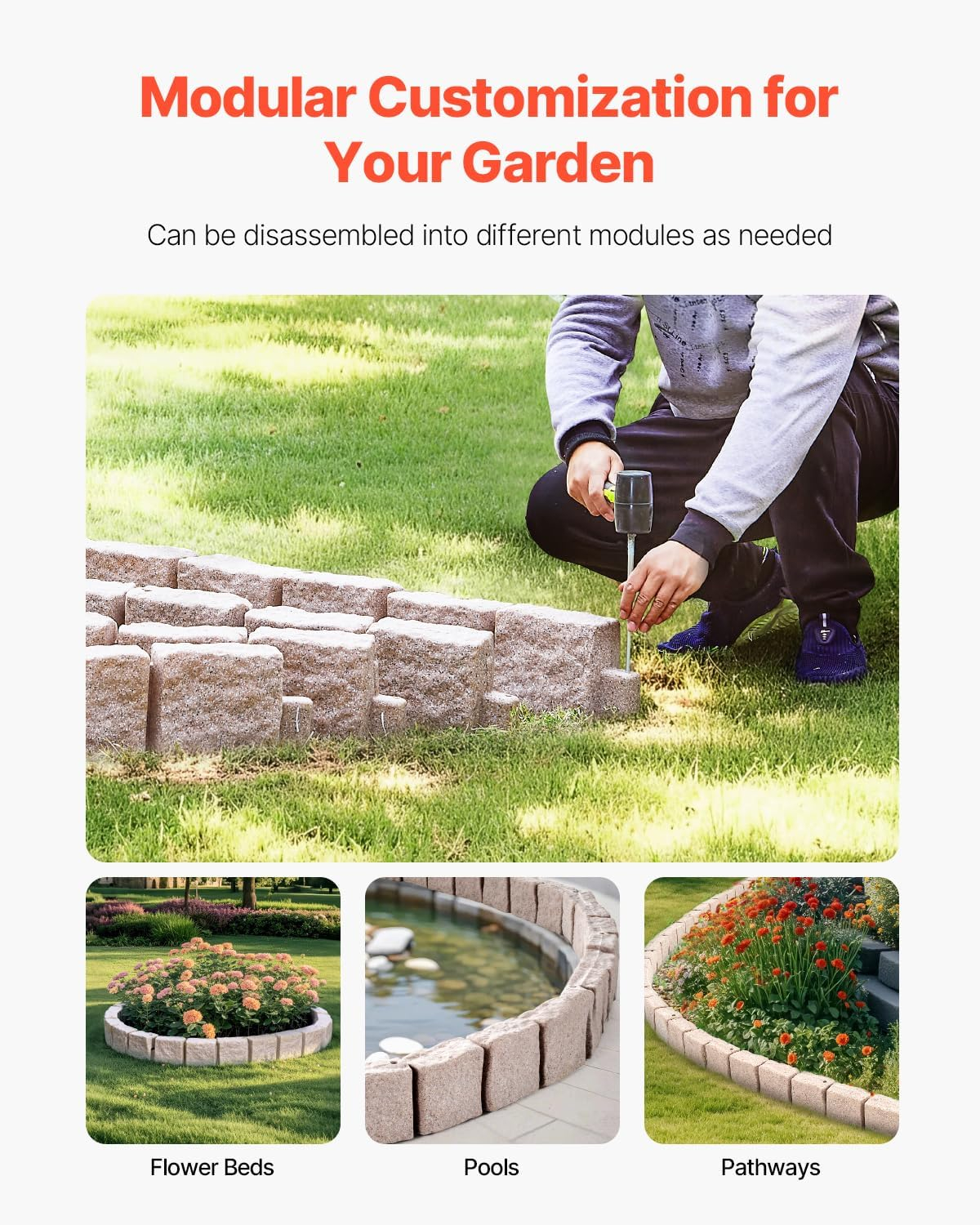 VEVOR Faux Stone Landscape Edging, No Dig Garden Edging Border, Flexible Blocks for Lawn Edging, Flower Beds, Driveway, Yards with 12 Spikes, 4 Pack 24 Bricks 16FT Kit, 46.9" Lx 4" W x 6" H, Beige