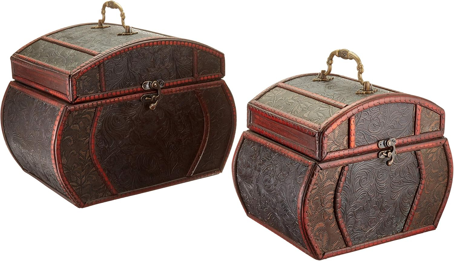 Elegant Brown and Wine Floral Wooden Decorative Chest Set