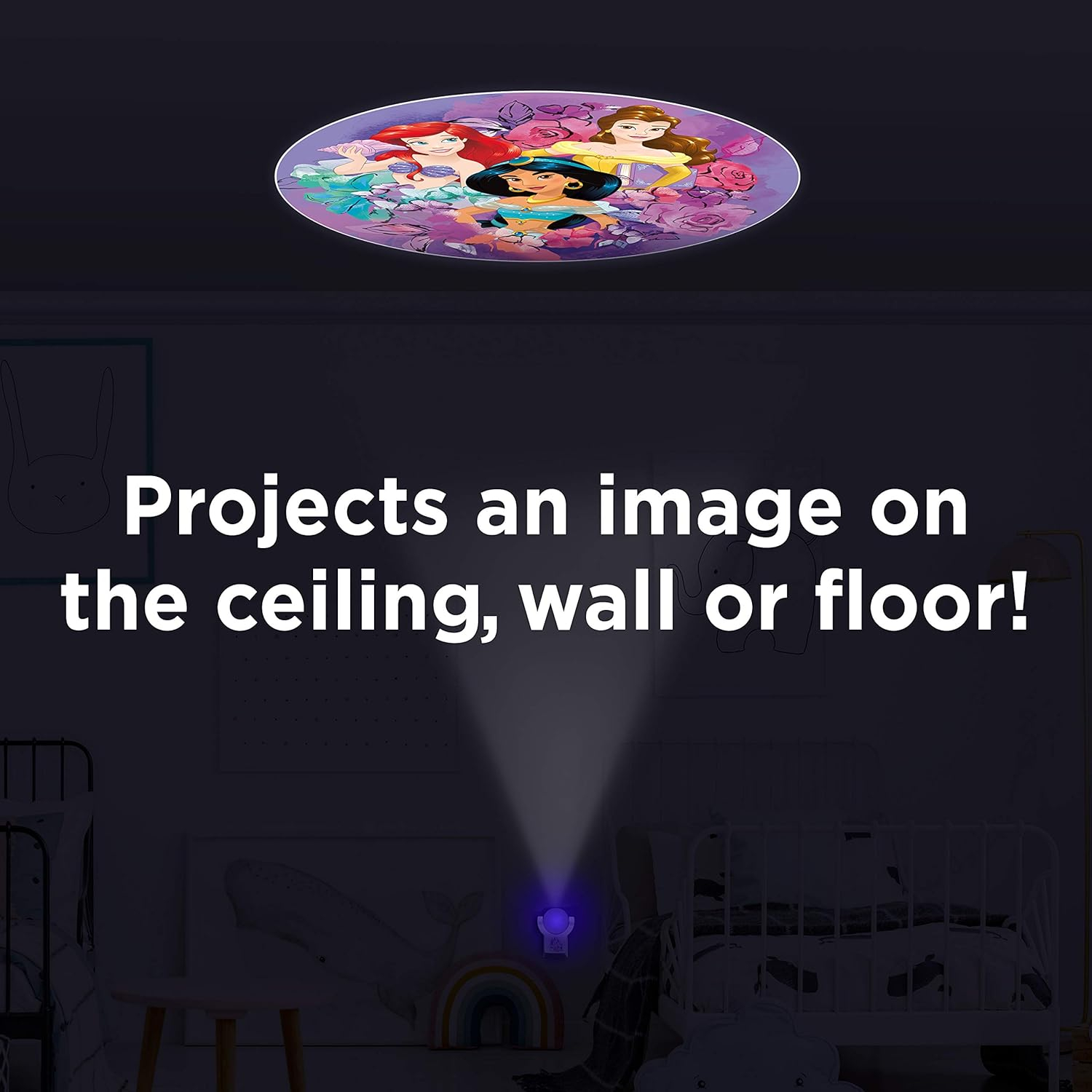 Projectables Disney Princess LED Night Light Plug-in, Dusk-to-Dawn, Ariel, Belle, and Jasmine on Ceiling, Floor, or Wall, Ideal for Girls Room, Nursery, Playroom, Bathroom, Bedroom, 13230, 1-Image