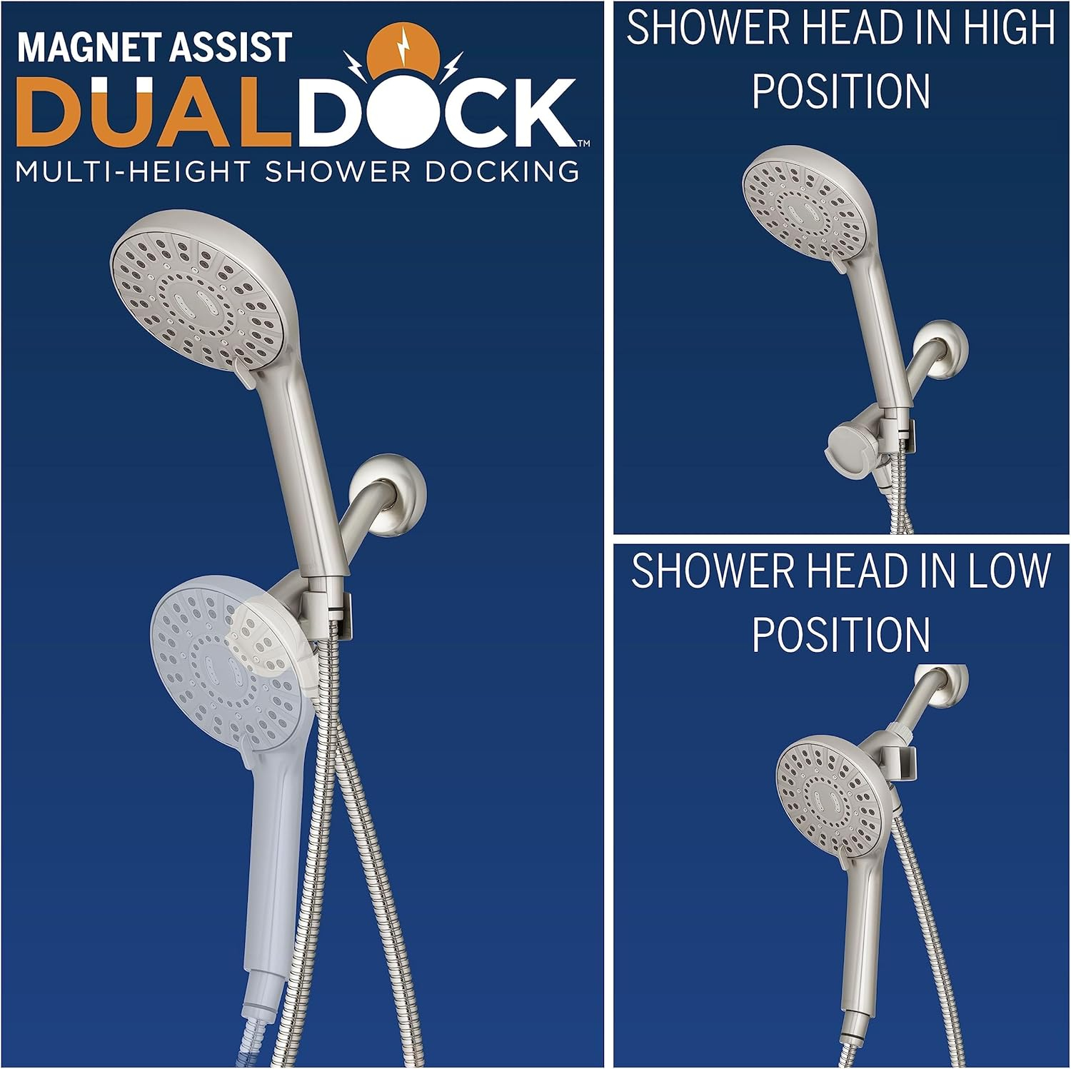 Waterpik Magnetic Dual Dock Adjustable Height Hand Held Shower Head With 5-Foot Metal Hose and PowerPulse Shower Massage, Brushed Nickel QMP-869ME