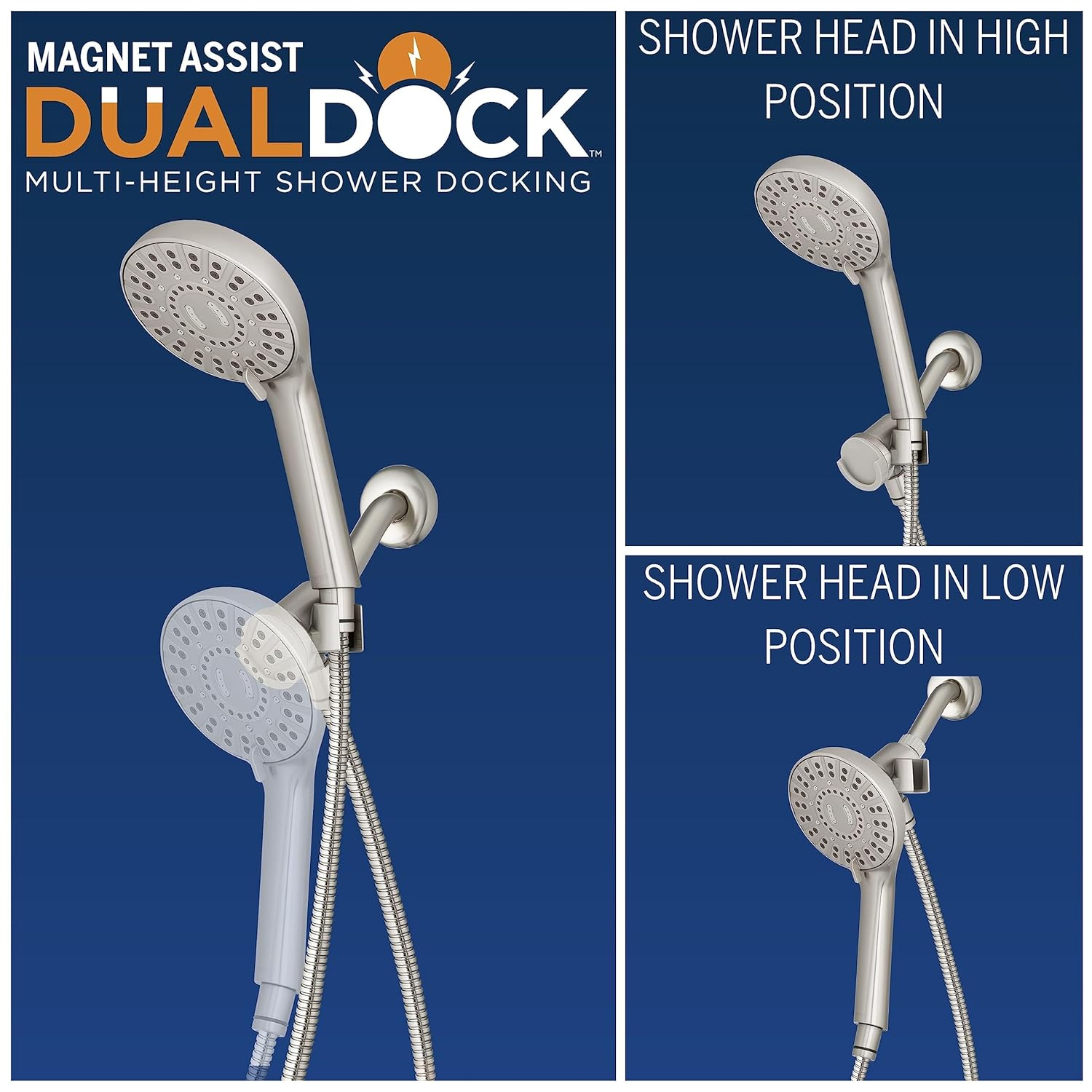 Waterpik Magnetic Dual Dock Adjustable Height Hand Held Shower Head With 5-Foot Metal Hose and PowerPulse Shower Massage, Brushed Nickel QMP-869ME