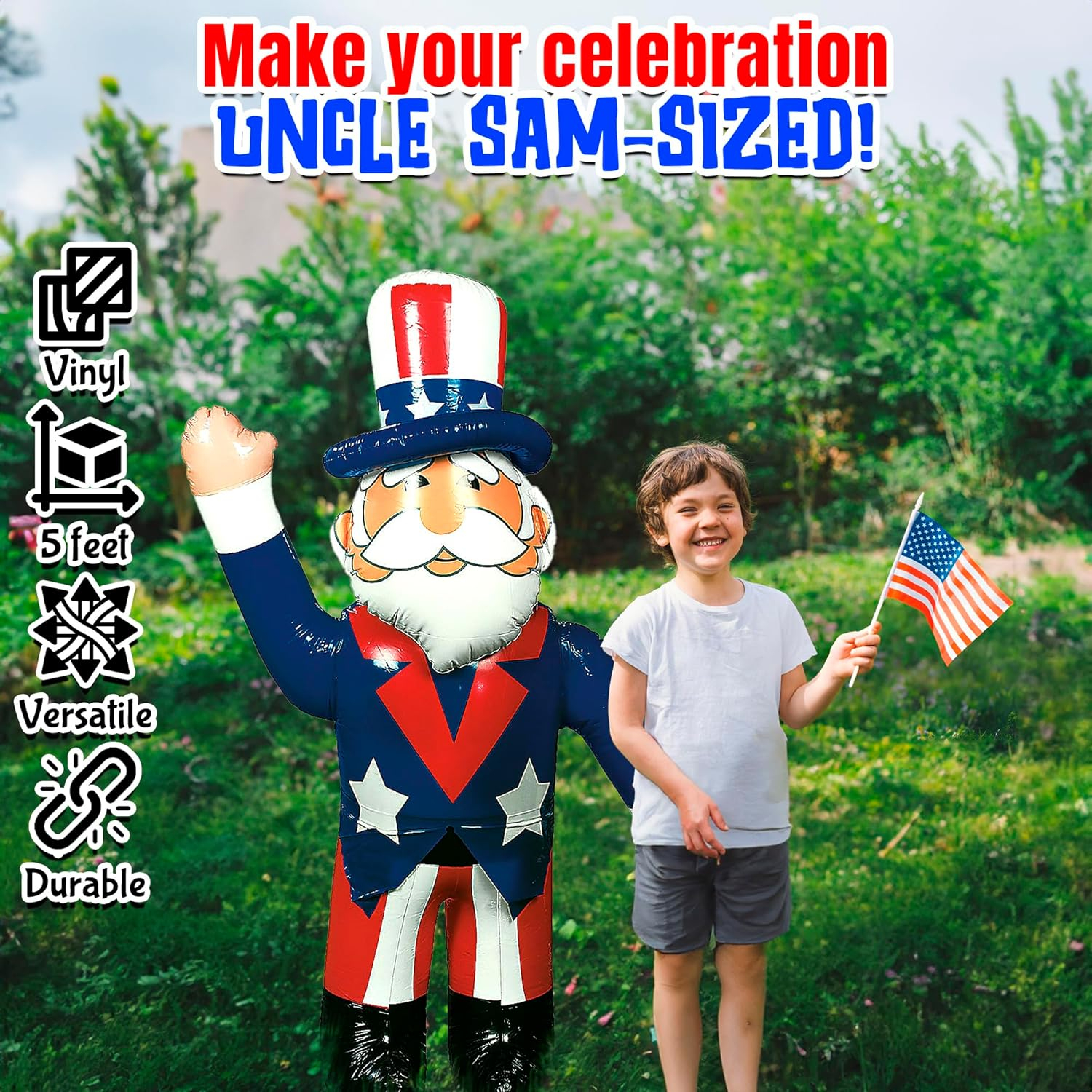 Large Inflatable Uncle Sam (Over 5 feet Tall) Fourth of July, Memorial Day Decor and USA Patriotic Party Supplies