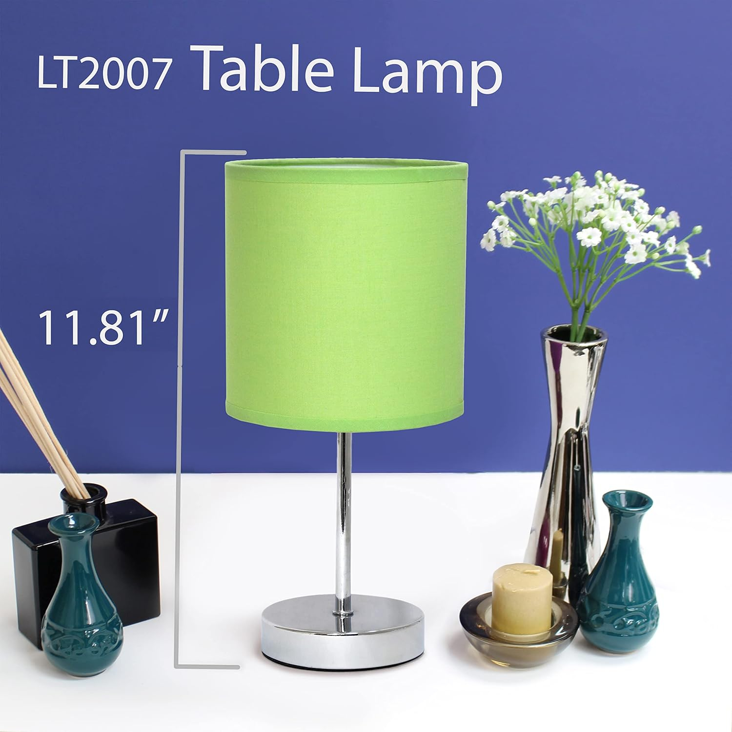 Green Chrome Mini Nightstand Lamp Set with Fabric Shade