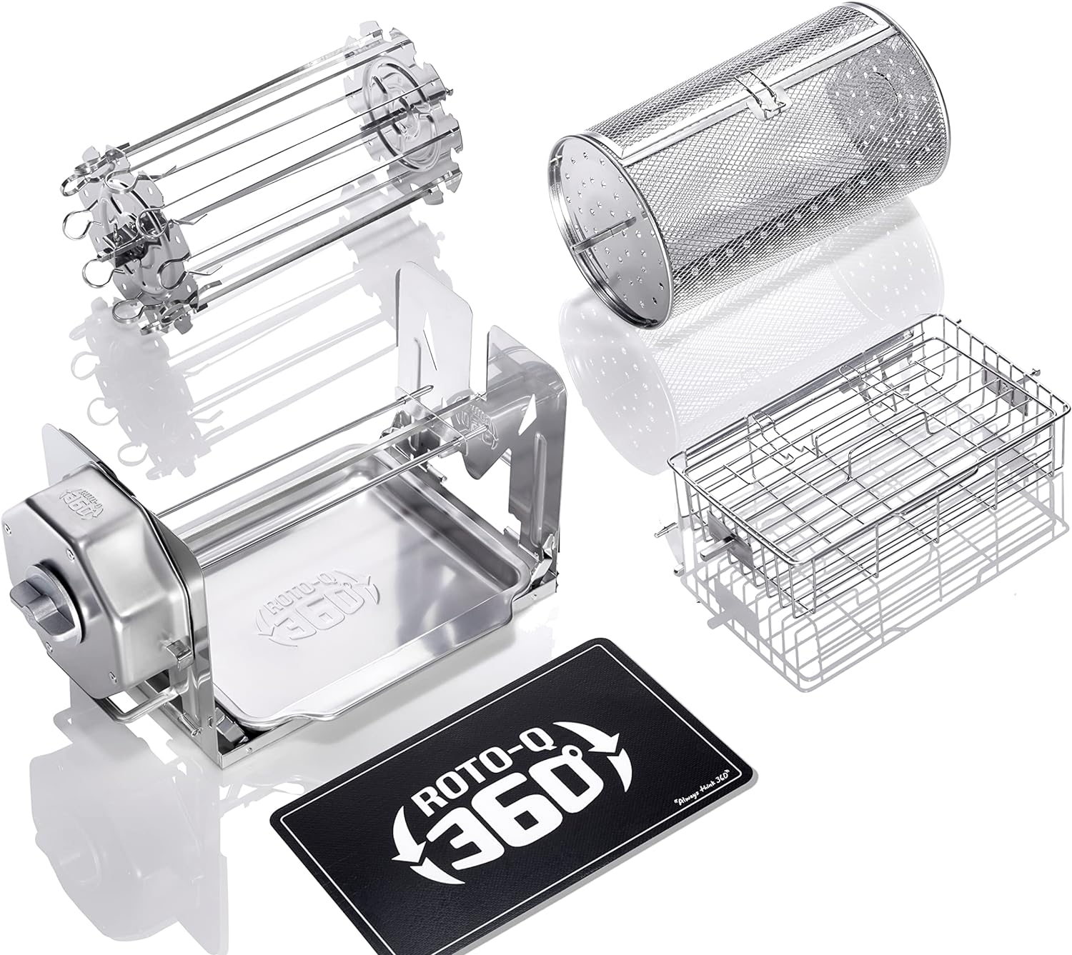 ROTO-Q 360 Family Bundle - Cordless Rotisserie Kit for Grills, Ovens, Smokers - Non-Electric Spit Roaster - Indoor/Outdoor BBQ - Stainless Steel Construction - includes Rotisserie Attachments