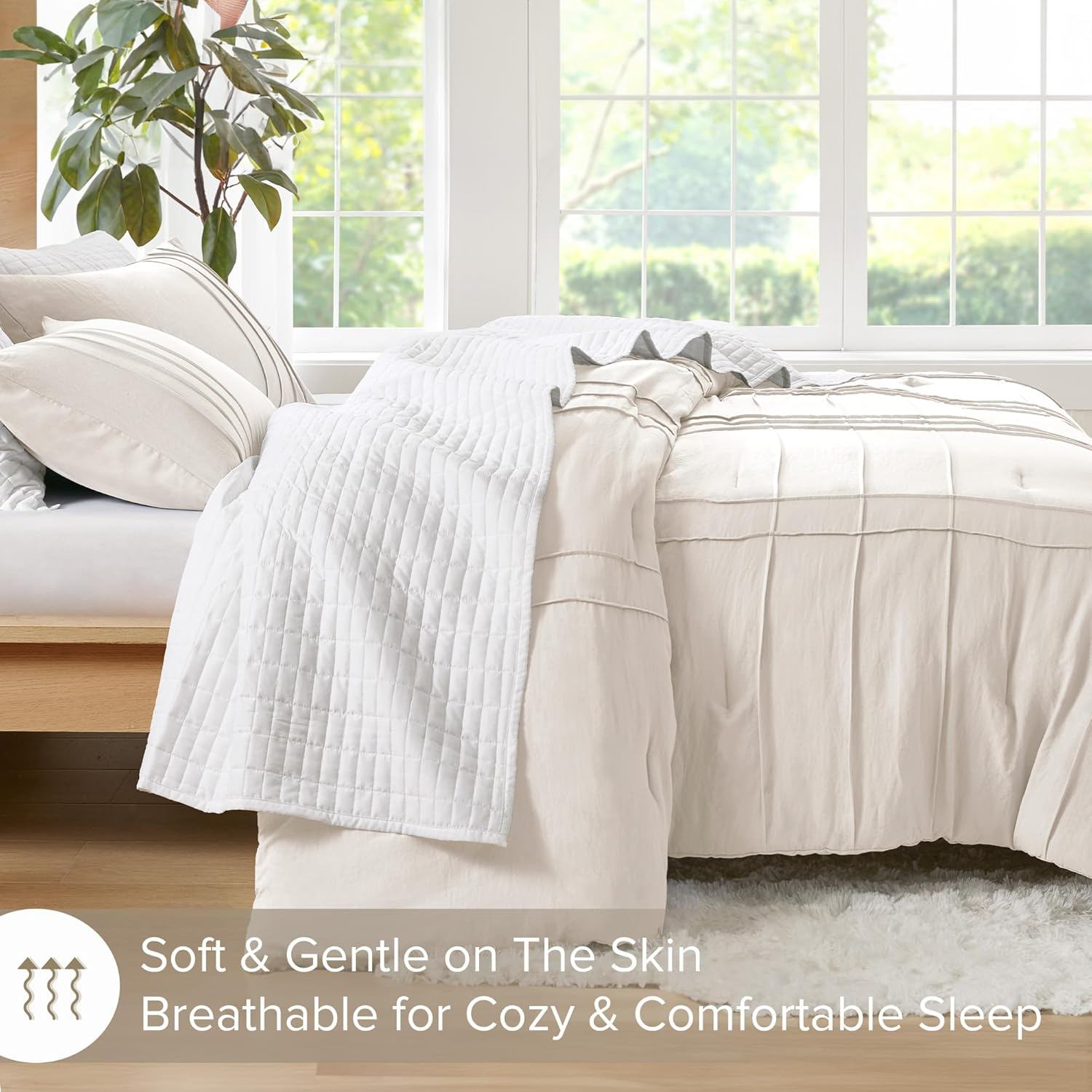 Comfort Spaces Cream Queen Size Comforter Set - 3 Pieces Pintuck Pleated Bedding Sets Queen, All Season Lightweight, Extra Softness Pre-Washed Microfiber Queen Bed Set, Shams, Full/Queen