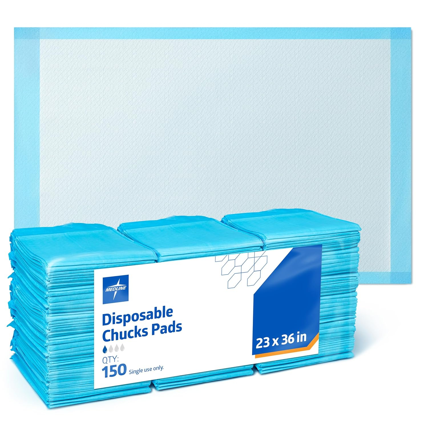 Medline Quilted Basic Disposable Blue Underpad, For Incontinence, Furniture Protection or Pet Pads, 23" X 36", Blue, 150 Count