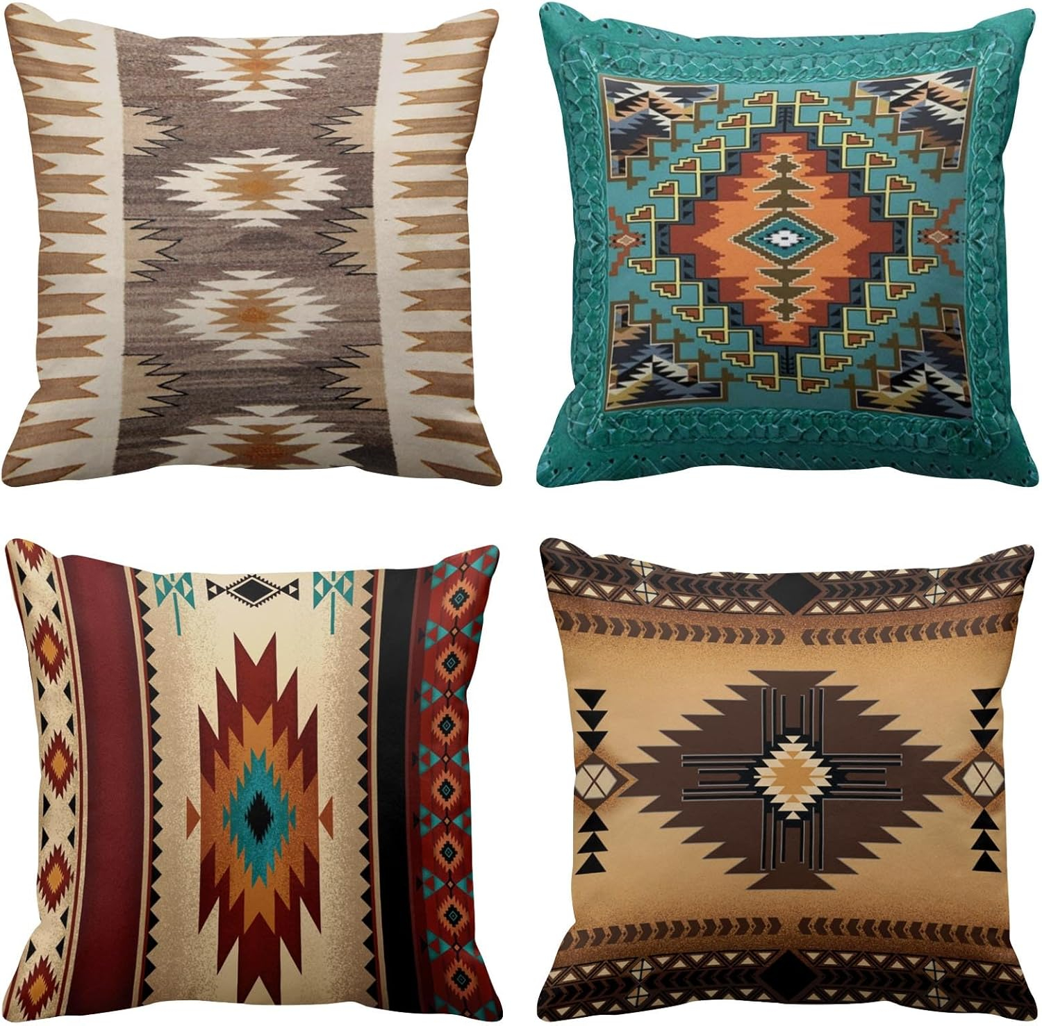 Set of 4 Throw Pillow Covers Tribal Western Geometric Colorful Nature Color Patterns Turquoise Orange Decorative Pillow Cases Home Decor Square 20x20 Inches Pillowcases