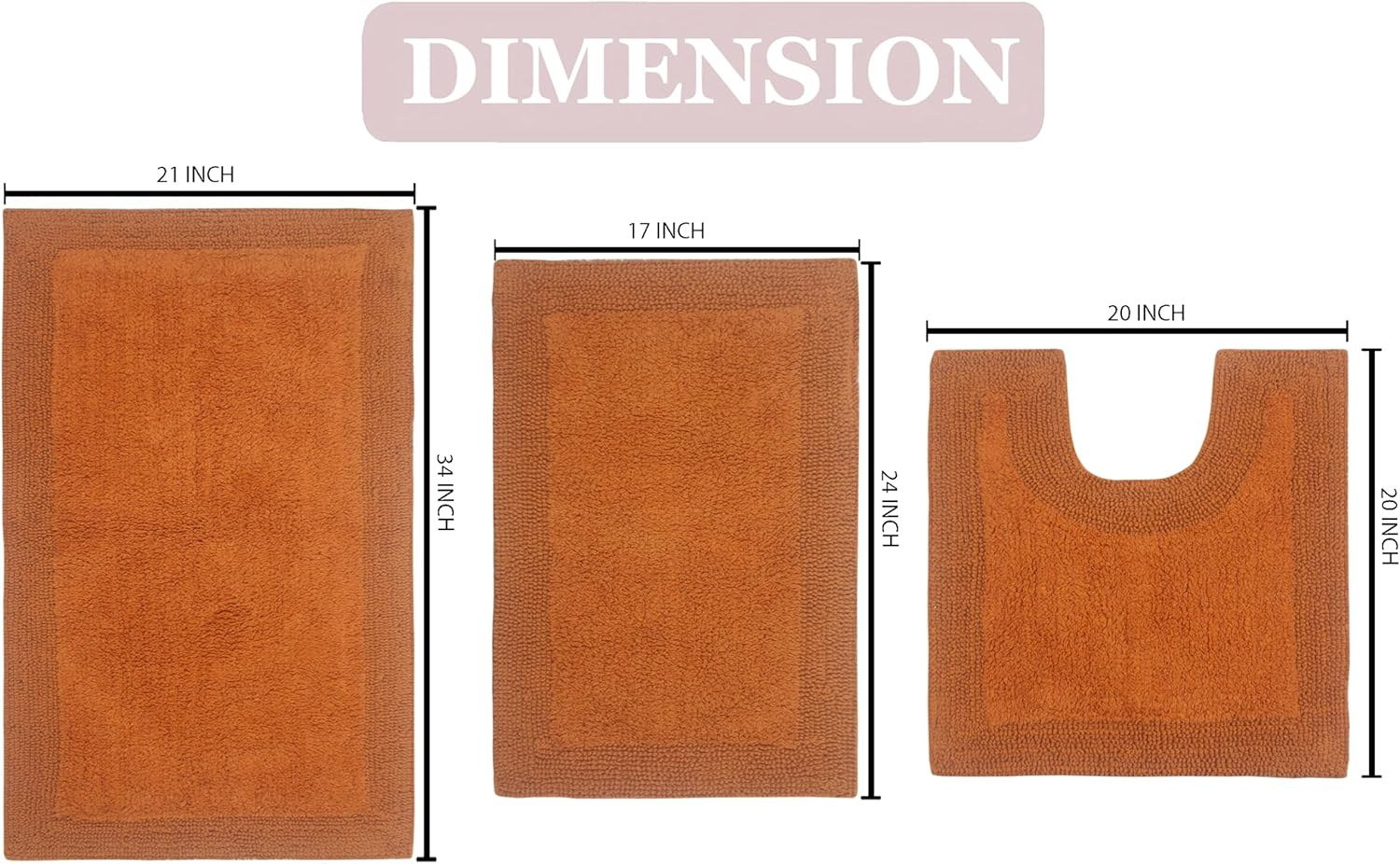 Home Weavers Luxury Collection 100% Cotton Reversible Bathroom Rug Set Machine Washable Bathroom Rug-17"x24", Bath Rug- 21"x34", U Shaped Contour- 20"x20", Terracotta Color 3 Piece Bath Carpet set