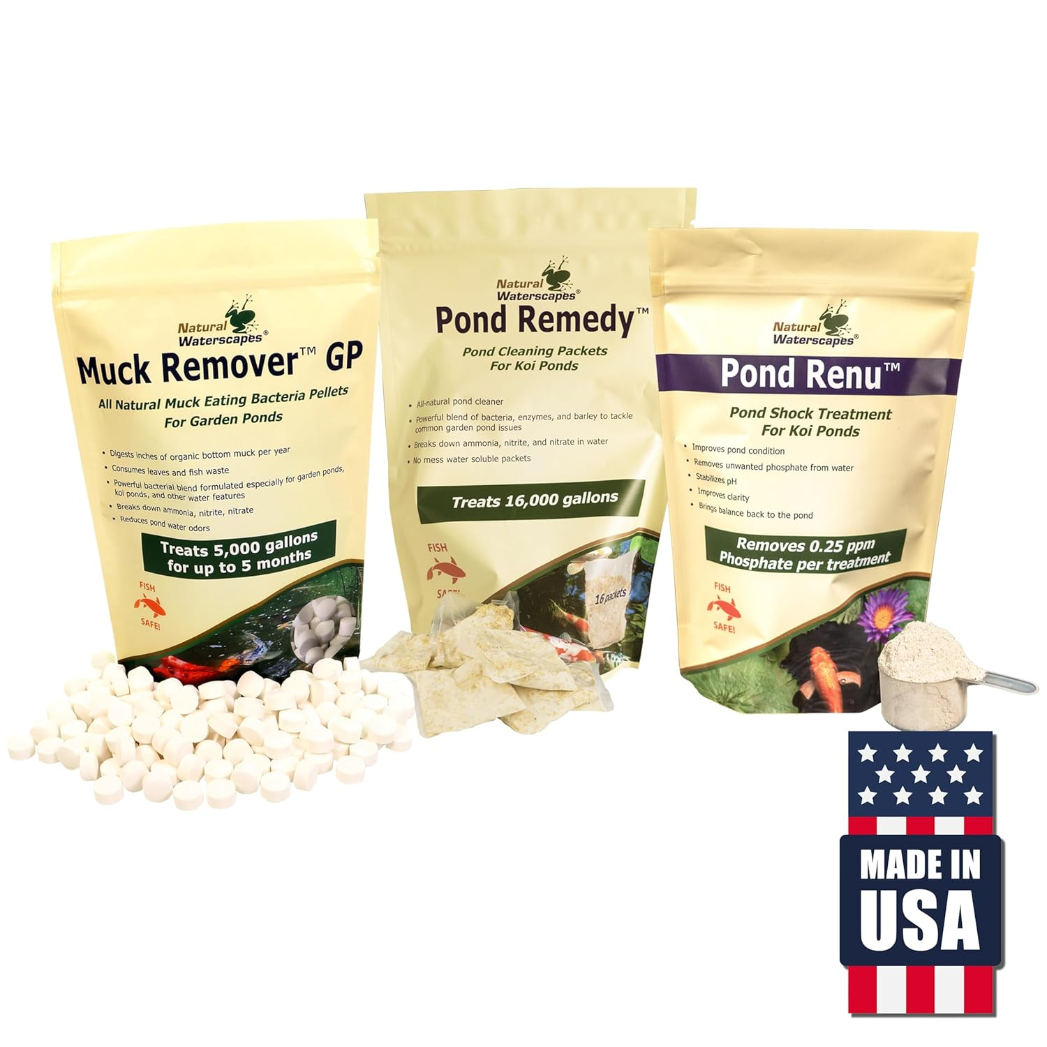 Koi Pond Maintenance Kit | Natural Pond Clarifier, Detoxifier, Sludge Remover for Backyard Pond | Includes Muck Remover GP, Pond Remedy, and Pond Renu