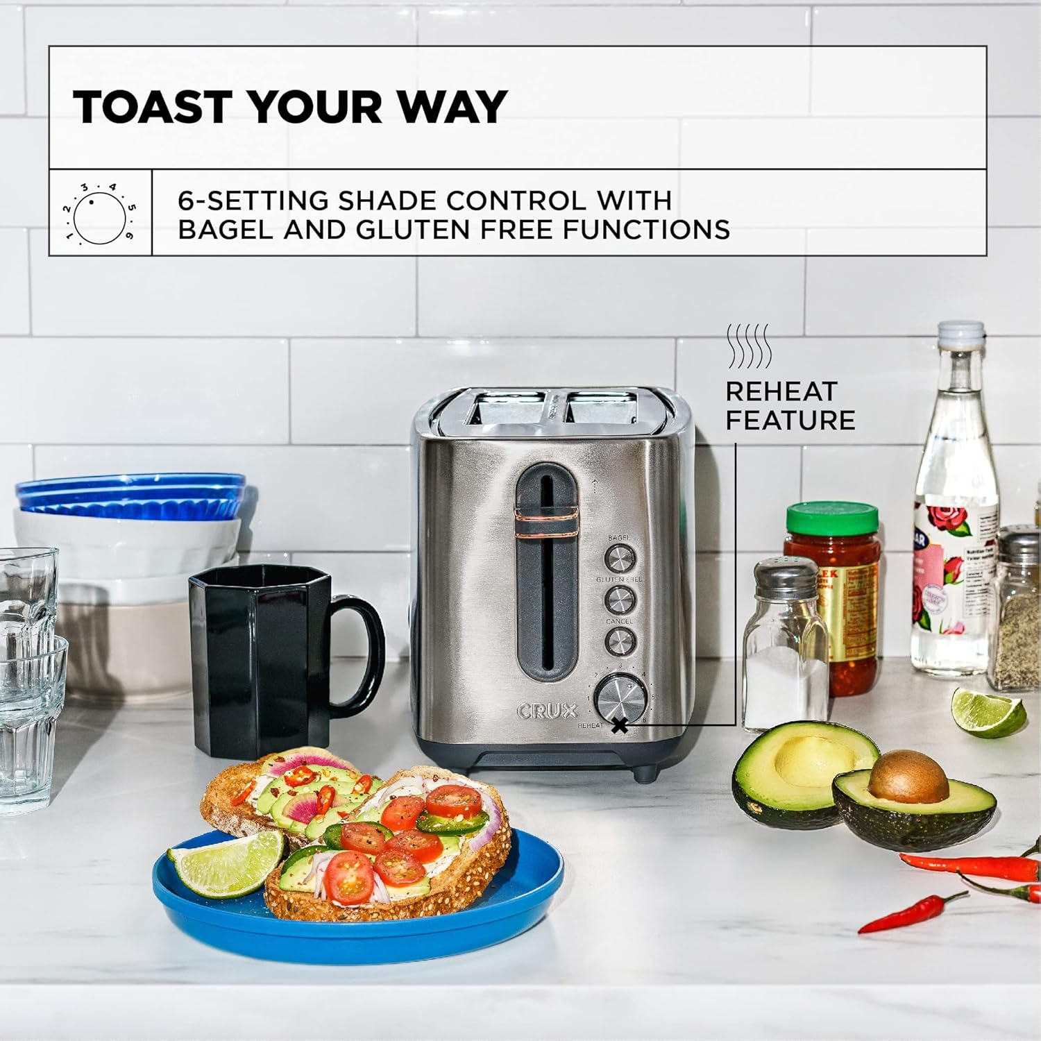 Crux 2 Slice Stainless Steel Toaster, Extra Wide Slots, Quick & Precise 6-Setting Shade Control, Reheat, Bagel and Gluten Free Function, Slide-Out Crumb Tray for Easy Clean Up, Silver/Copper Accents