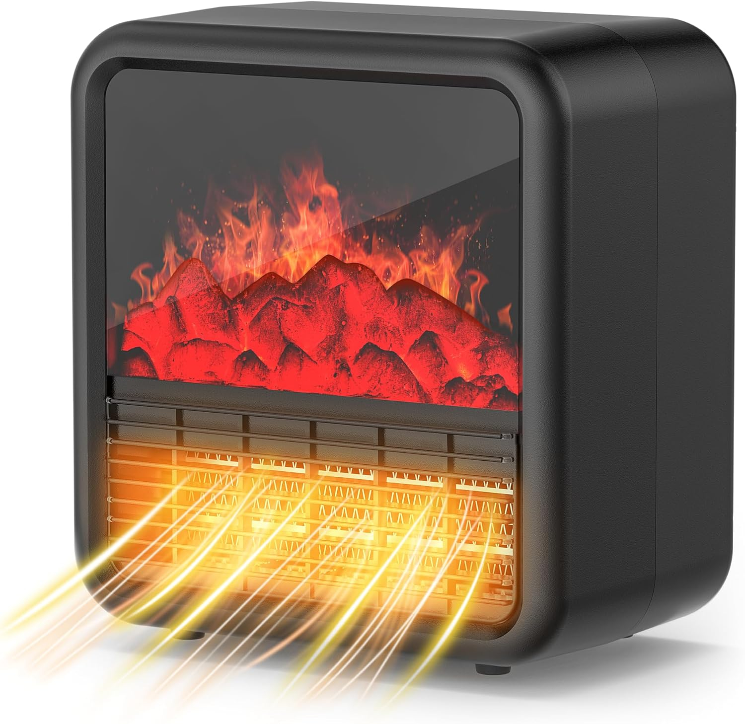 Small Portable Space Heater for Indoor use with Realistic 3D Flame, Mini Electric Fireplace Heater with Thermostat, 1500W/750W PTC Ceramic Heating, Tip-Over Safety Switch, Black