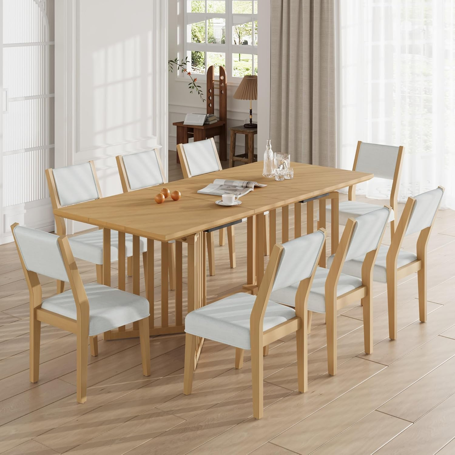 Bellemave 9-Piece Extendable Dining Table Set Rectangular Kitchen Table Set with 8 Chairs for 8, Dining Table and 8 Chairs Set with 2 12-inch Removable Leaves for Kitchen, Dining Room (Natural)