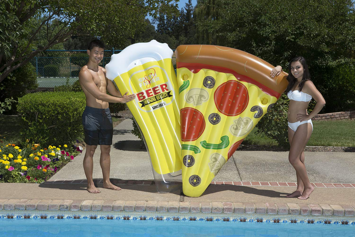 Poolmaster Inflatable Swimming Pool Mattress Floats with Slice O' Pizza and Beer Mug Combo