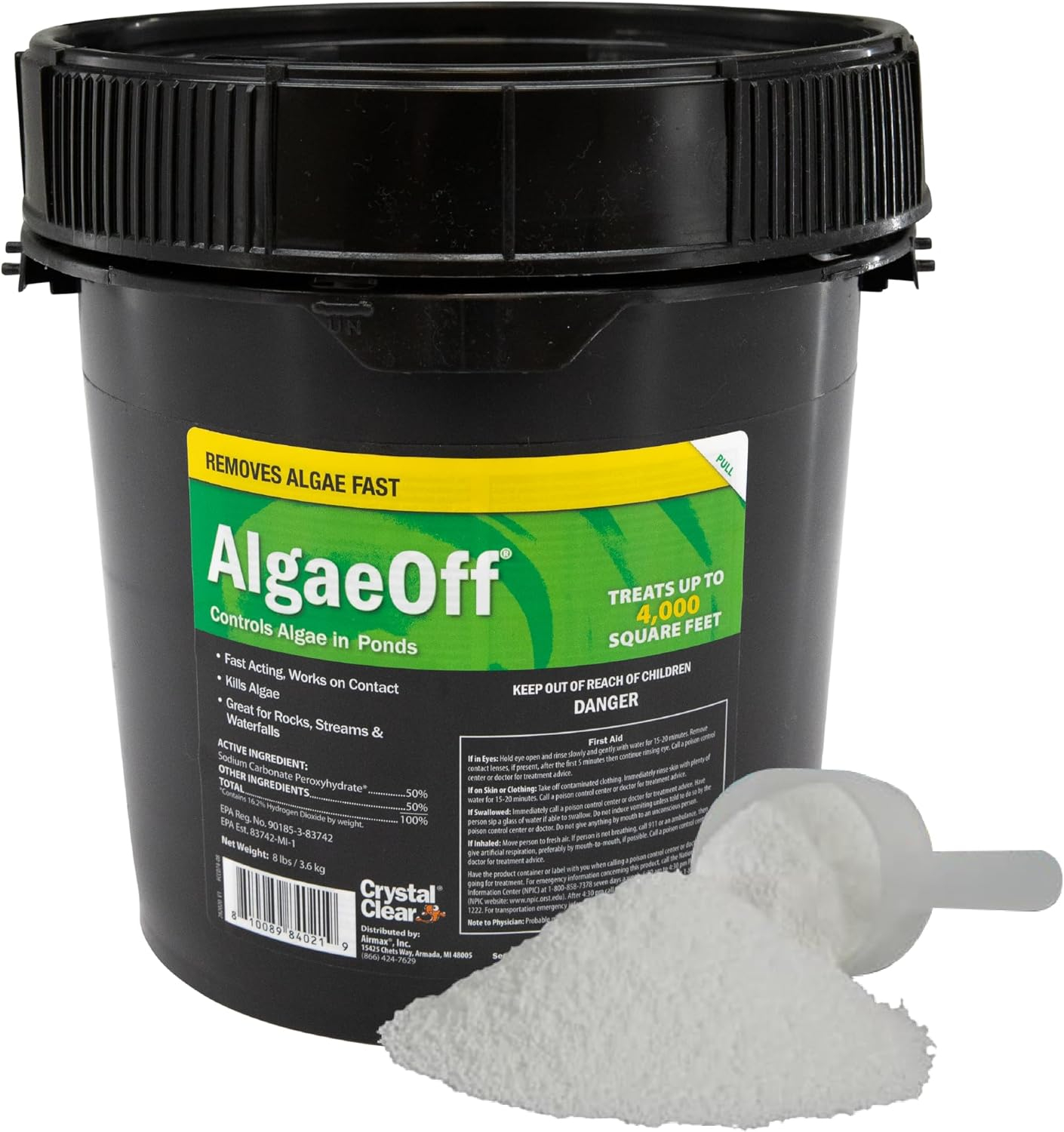 CrystalClear AlgaeOff Pond & Water Garden Scum Cleaner, Waterfall & Rock Slime Remover, String Algae Killer, Green Stain Treatment, EPA Registered Algaecide, Plant, Koi Fish, Bird & Pet Safe, 8 lbs