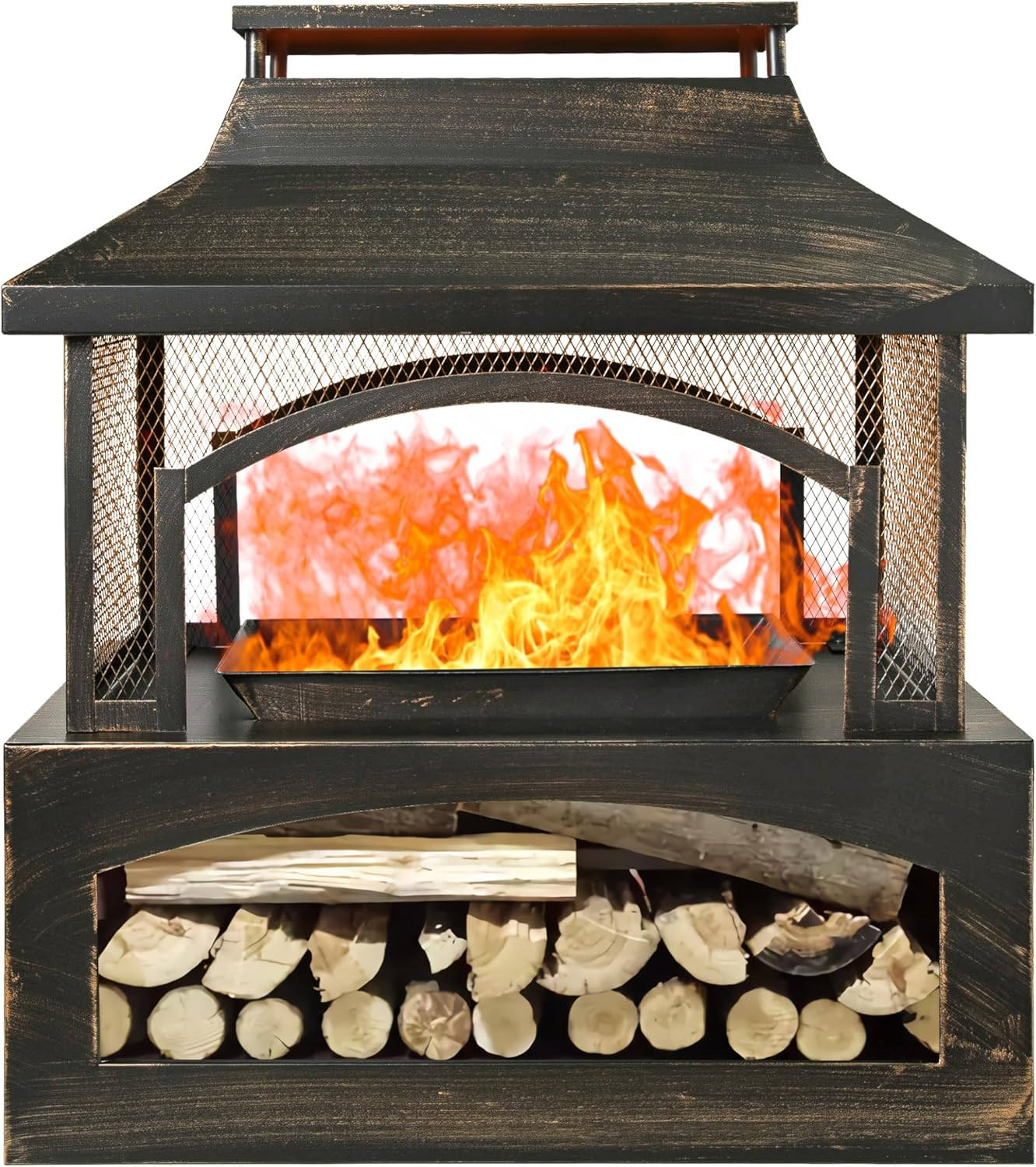 37-Inch Bronze Wood Burning Fire Pit with Log Storage