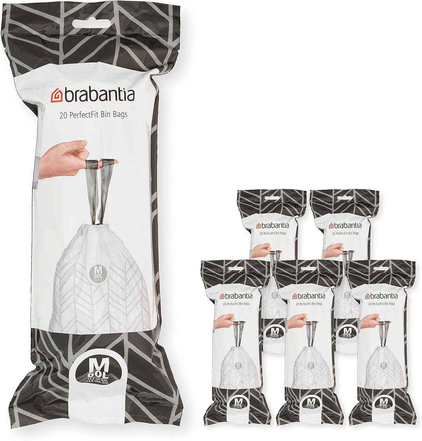 Brabantia PerfectFit Trash Bags with Drawstring Handles, Code M, 16 gallon (60L), 120 Count