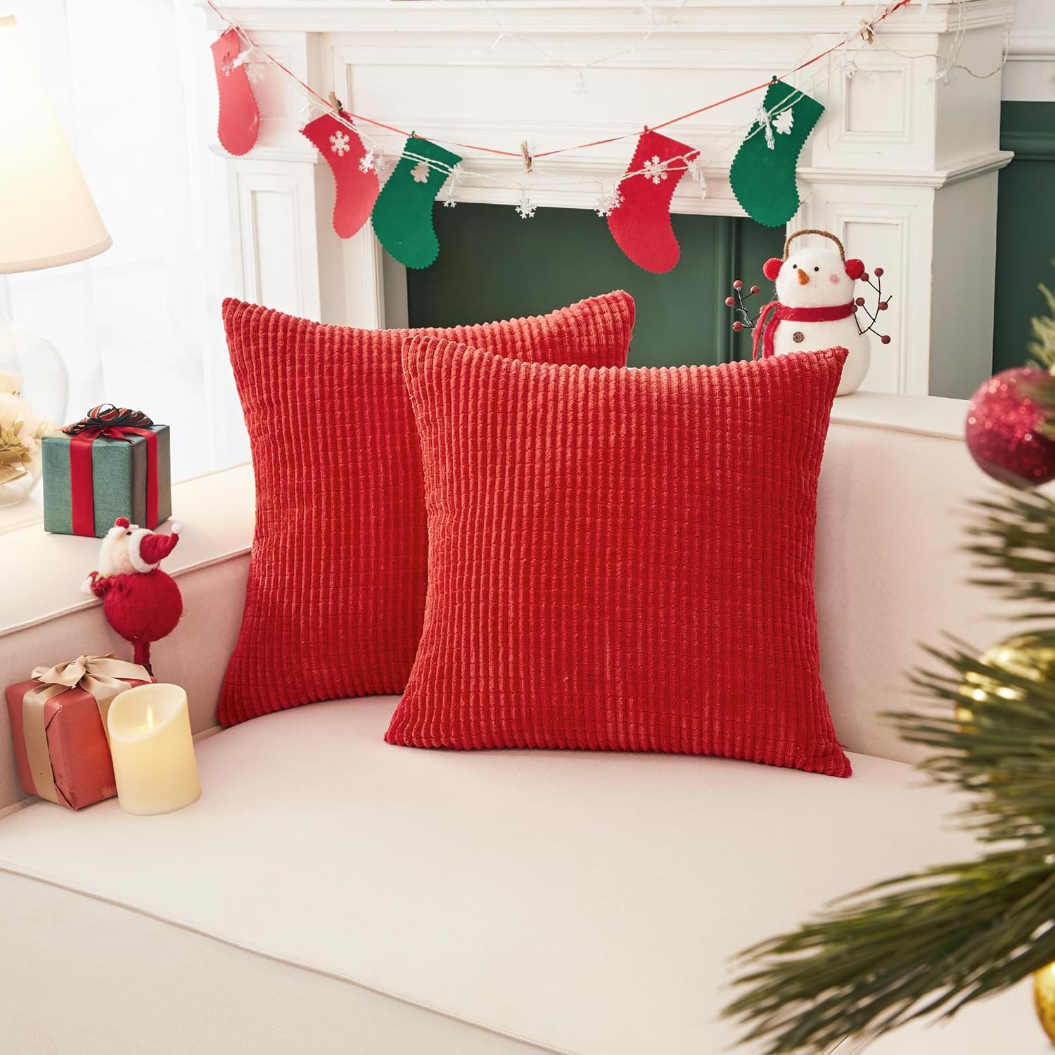 Bright Red Corduroy Square Throw Pillow Set