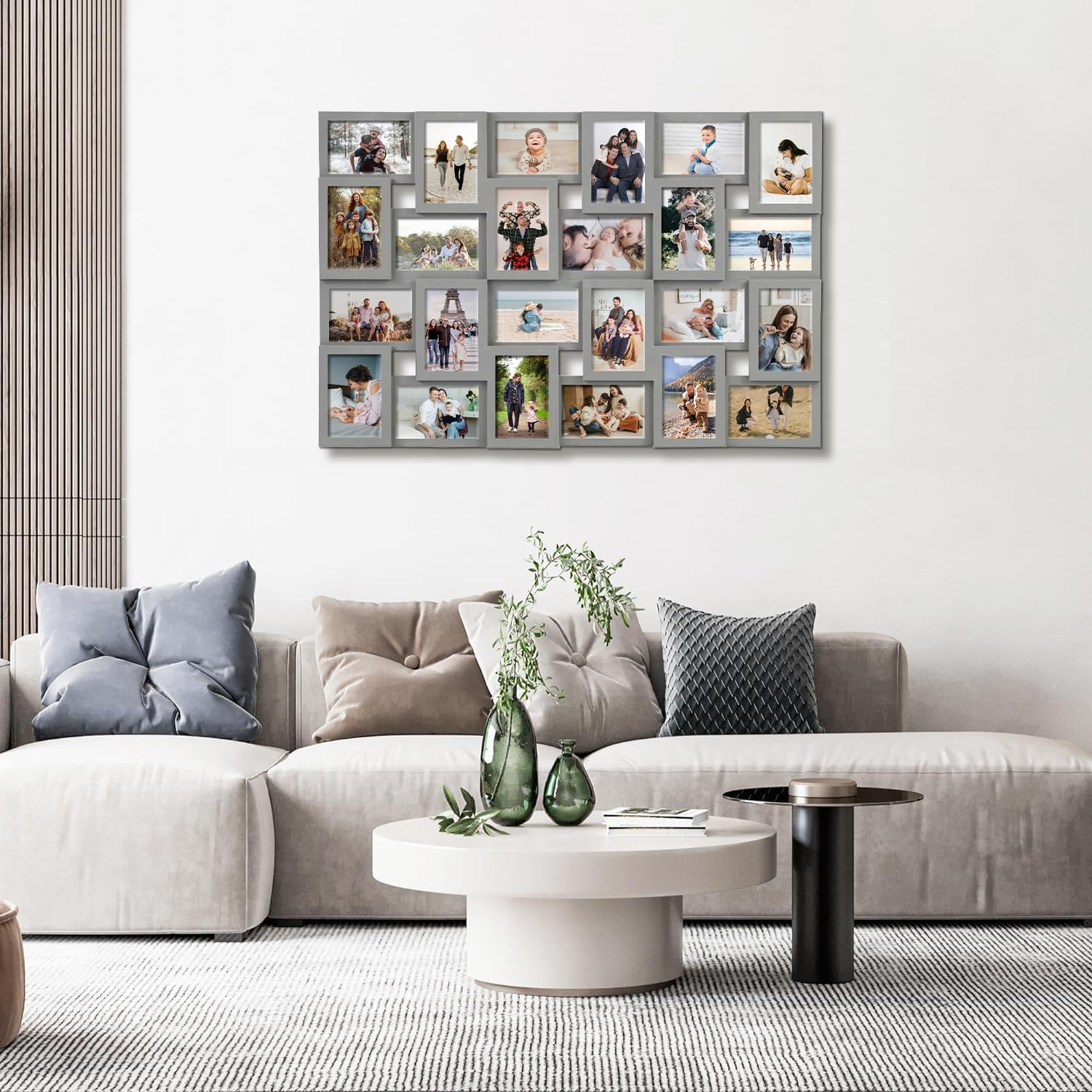 J.M.Deco Collage Picture Frames for Wall 24 Slots, Reunion Friends Family Memory Large Photo Frame Selfie Gallery Puzzle Collage Wall Hanging for 4x6 Photo | Grey