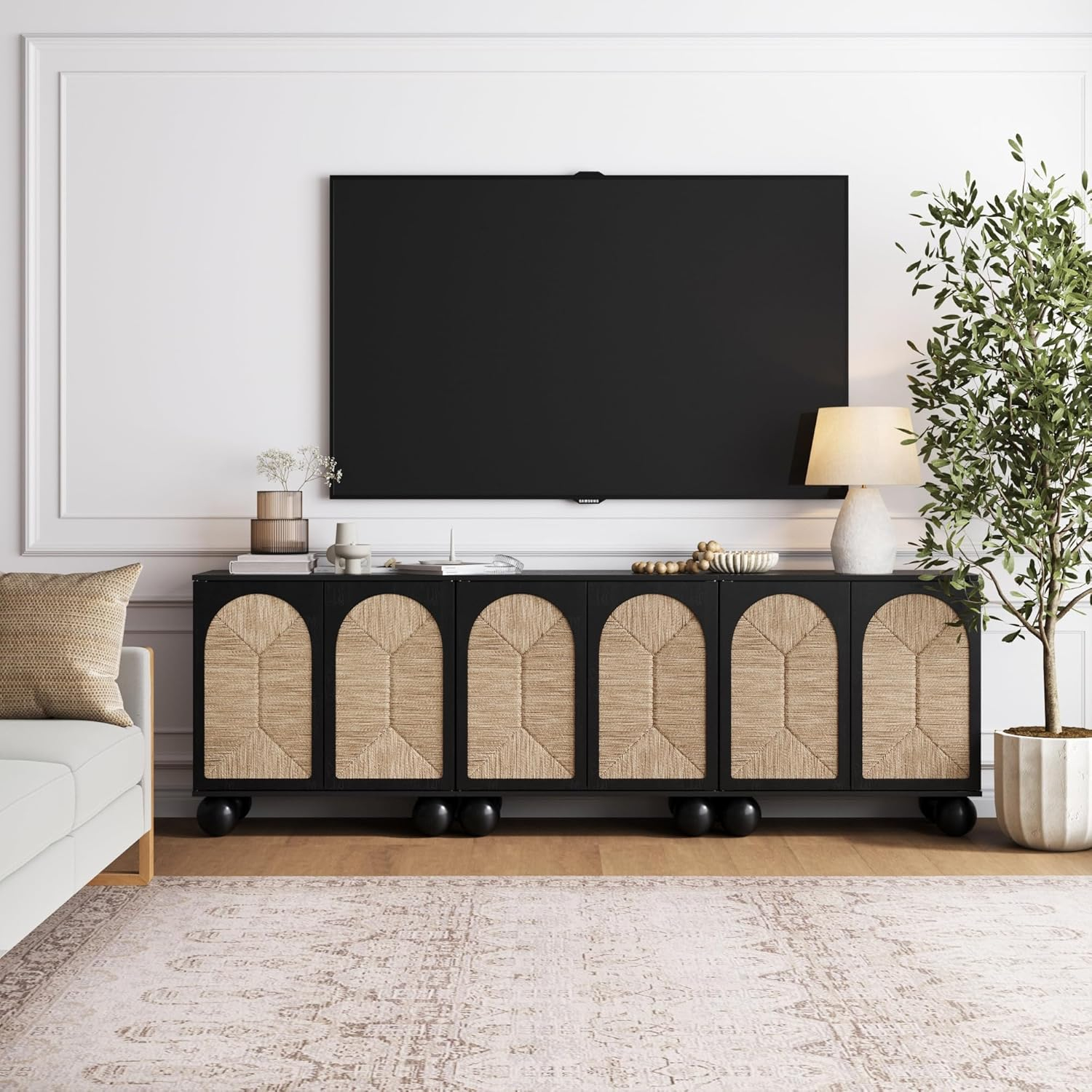 Black Seagrass Bohemian TV Stand with Solid Wood Legs