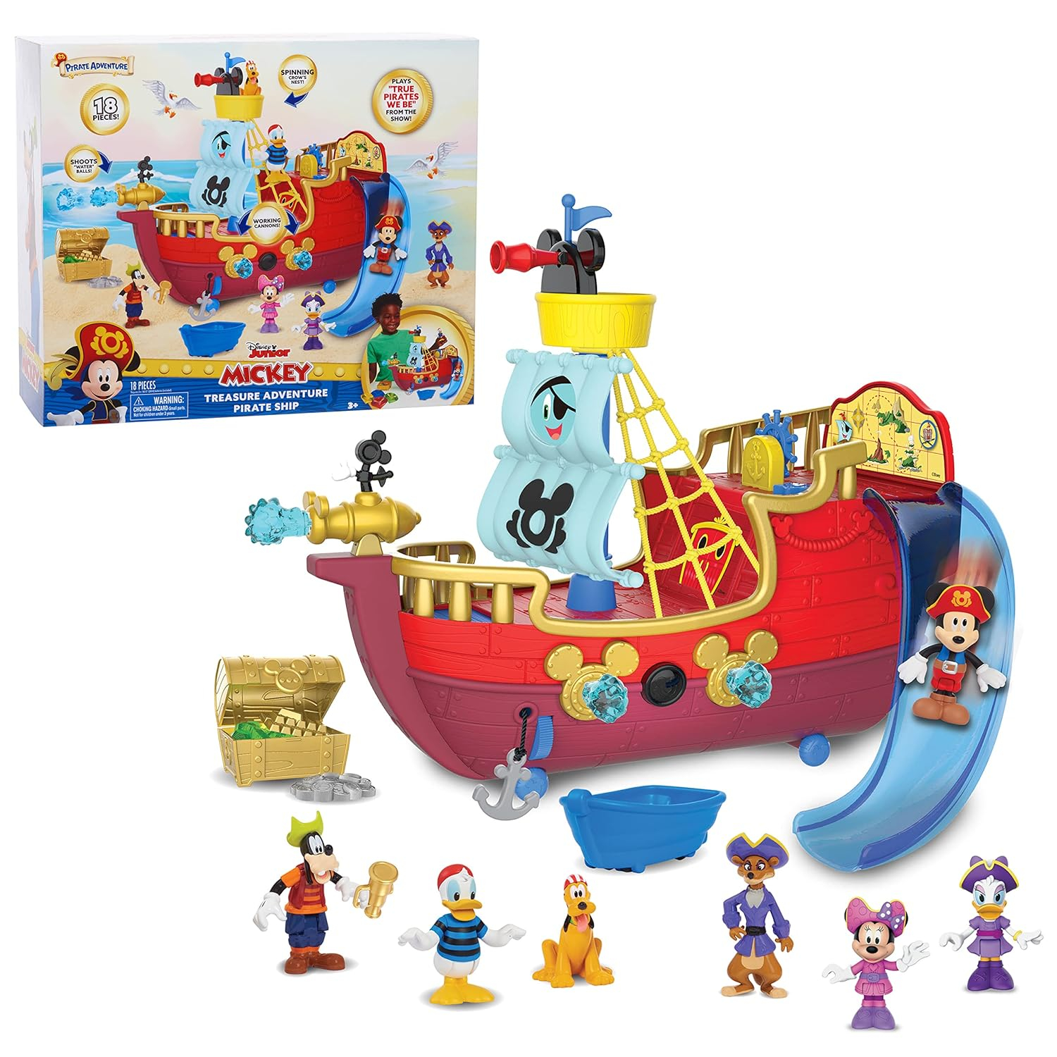 Disney Junior Mickey Mouse Funhouse Treasure Adventure Pirate Ship with Bonus Figures, 18-Piece Toy Figures and Playset, Kids Toys for Ages 3 Up,  Exclusive by Just Play