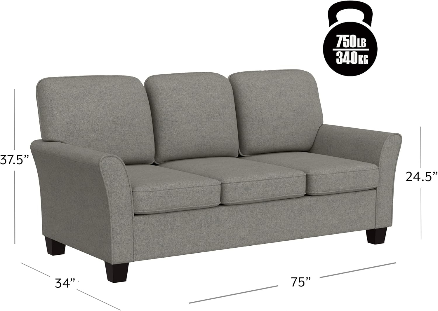 Hillsdale Lorena Modern Upholstered Sofa Fabric Couch, Gray